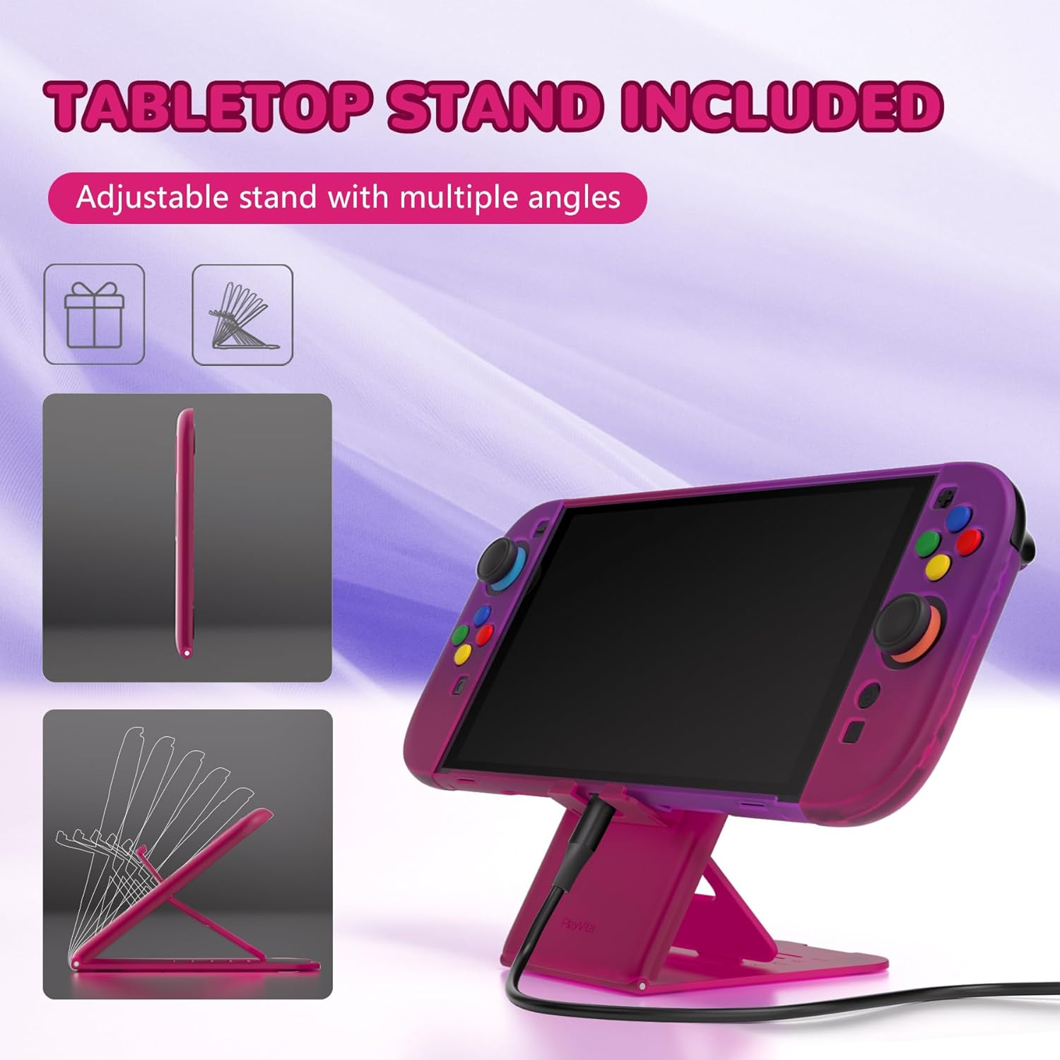 Playvital Clear Series Protective Case for Nintendo Switch 2, Anti-Scratches Hard Shell Dockable Grip Cover with Extra Foldable Stand & Thumb Grips for Nintendo Switch 2 - Clear Atomic Purple Rose - Transparent image number 7
