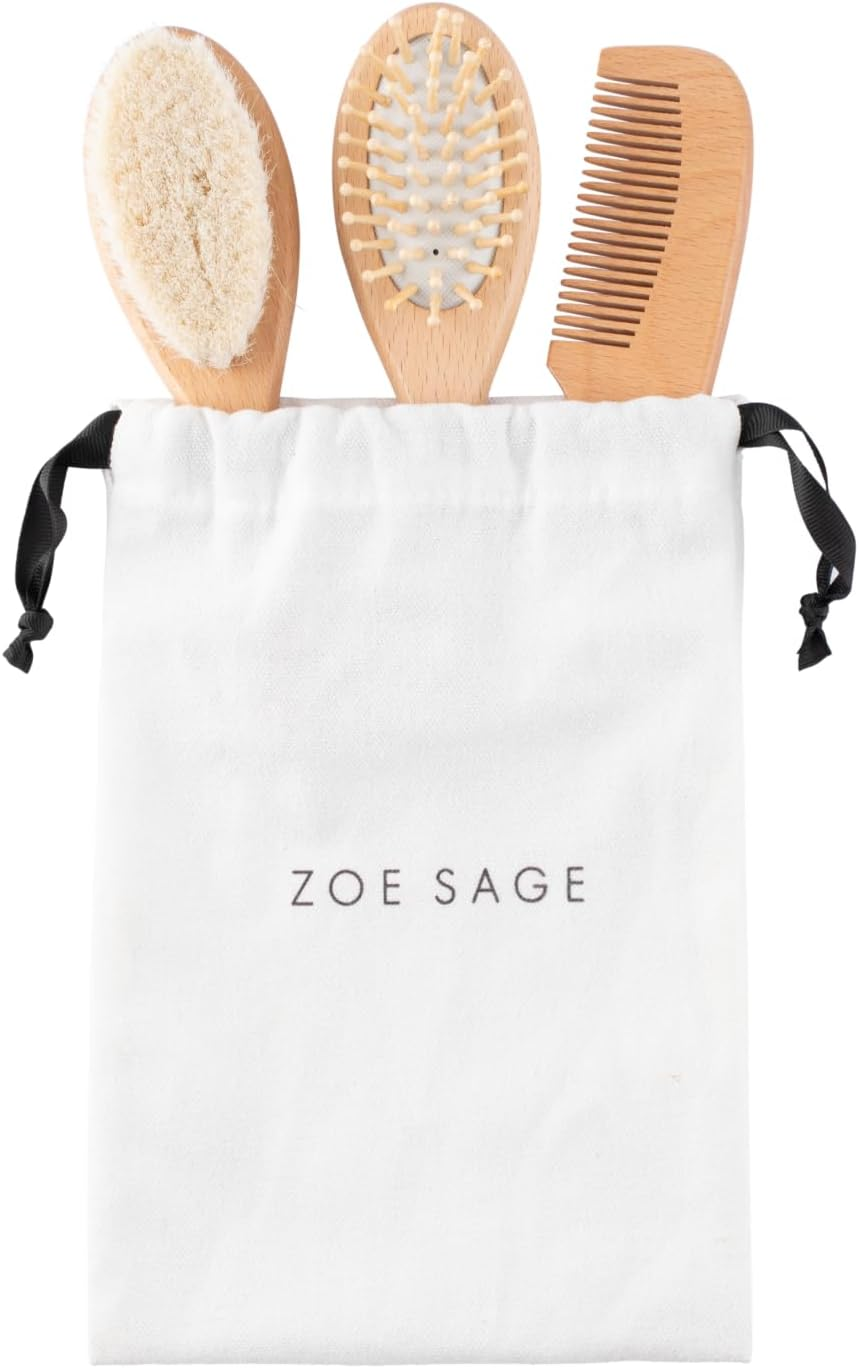 Zoe Sage Baby Brush and Comb Set 3 Piece - Gentle Grooming Kit, Soft and Delicate for Your Newborn and Toddler'S Scalp Crafted from Natural Beechwood for Ease of Use
