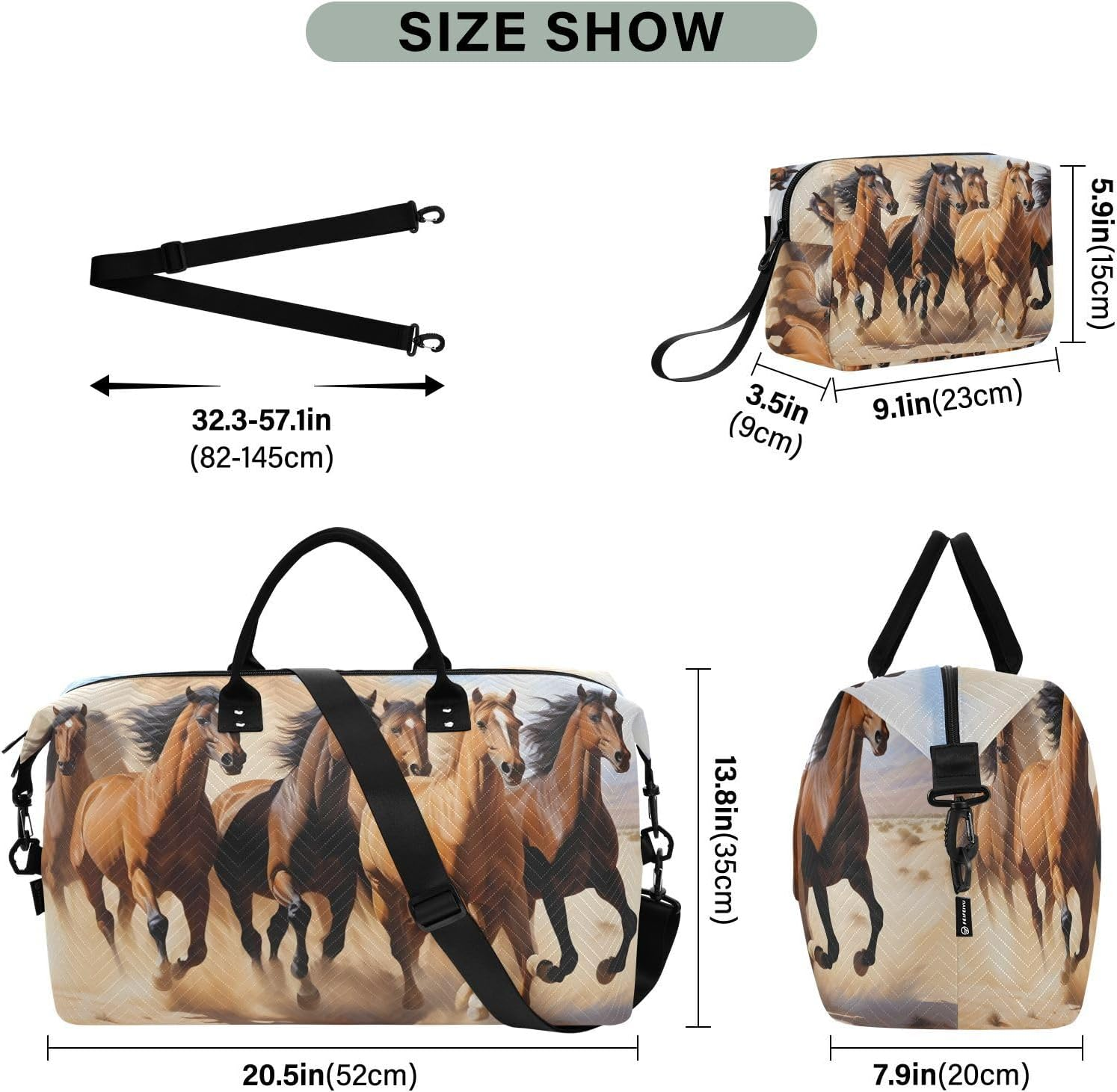 XYMZR Large Travel Duffel Bag, Horse Herd in Desert Sports Tote Gym Bag, Shoulder Weekender Overnight Bag for Women Men, Carry on Luggage with Toiletry Bags, Multi-Colored, Multi-Colored image number 1