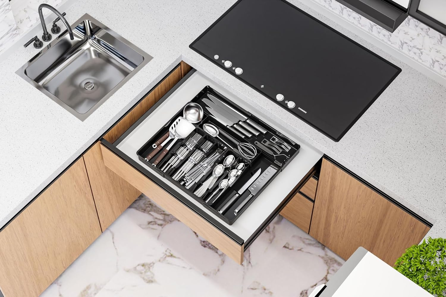 HIGHROCK Kitchen Tableware Storage,Cutlery Drawer Organiser,Expandable Utensil Tray, Adjustable Cutlery and Flatware Holder, Spoon Forks Holder (BLACK) image number 1