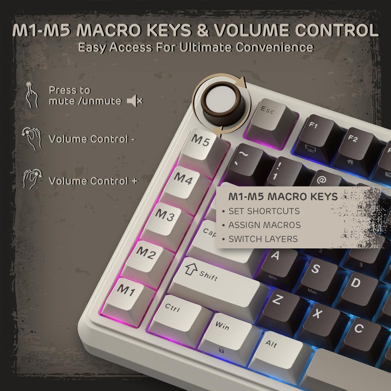 RK ROYAL KLUDGE L75 Gasket Mount Mechanical Keyboard W/Knob/Macro Keys & Touchable Nameplate, Tri-Mode BT/2.4G/USB-C 75% TKL Wireless Keyboard, Hot Swappable, Pro Software, Massive 8000Mah Battery image number 6