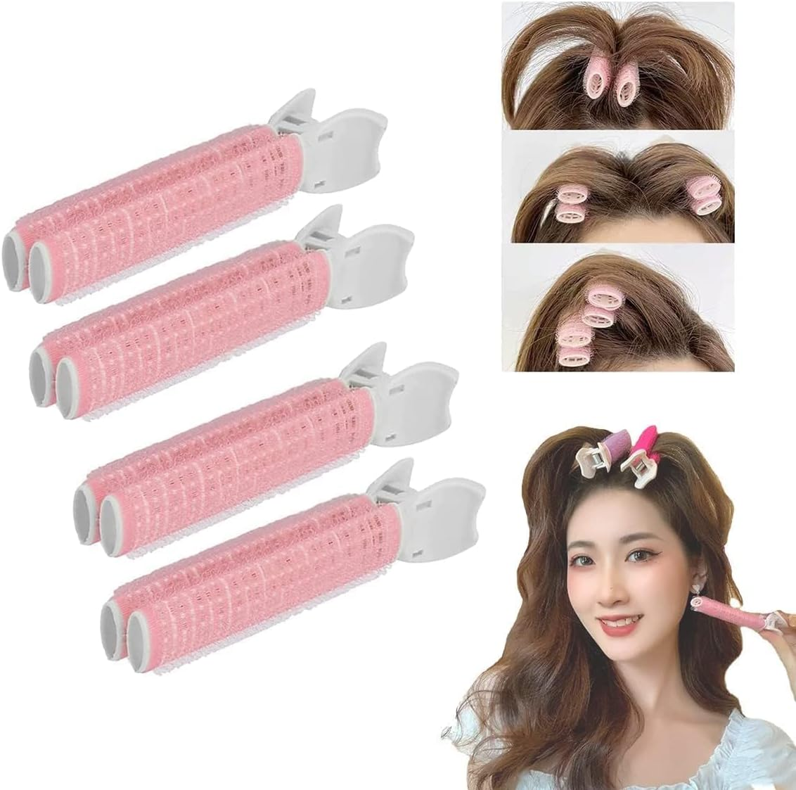4 Pcs Pink Hair Rollers with Clip,Portable Hair Volume Clip,Volumizing Hair Root Clips,Bangs Curler DIY Hair,Styling Accessories,Self Grip Volume Hair Root,Hair Rollers,Styling Tools and Appliances image number 5