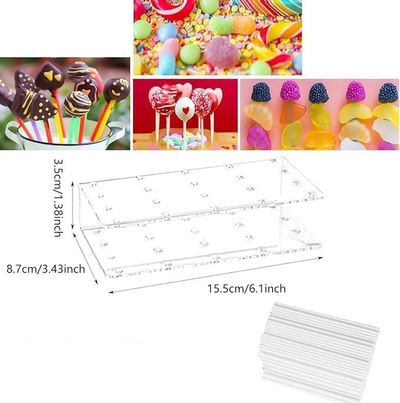 FOTOEVFC Acrylic Cake Pop Stand Holder, 20 Hole Display Stand with 100Pcs Lollipop Paper Sticks, Double Layer Design, Transparent