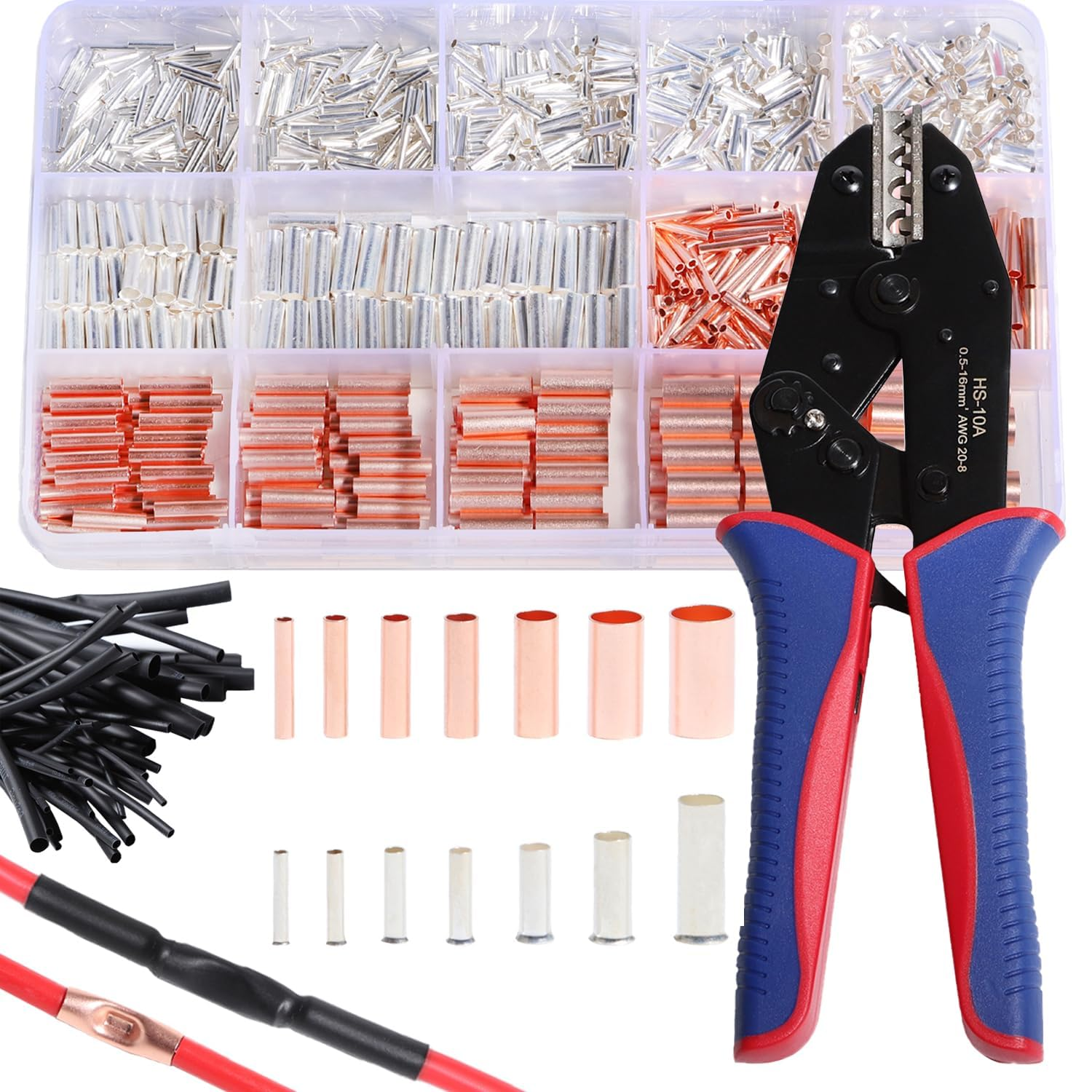 Aikoolwer Wire Ferrules Terminals Kit Tinned Copper 7 Sizes Crimp Connector Crimper Crimping Tool Non Insulated Electrical Cable Pin Cord End Assortment with 48Pcs Heat Shrink Tubing image number 2