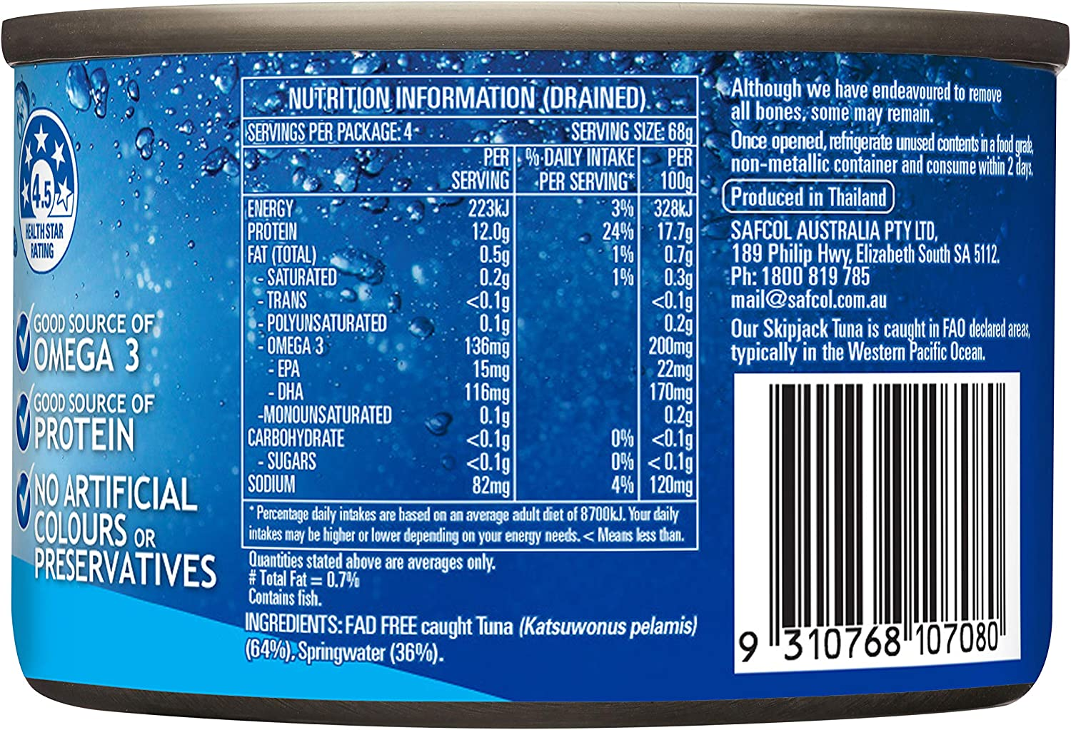 Safcol Australia SAFCOL Tuna in Springwater 425G Can, 12 Pack, 1 X 5.10 Kg image number 2