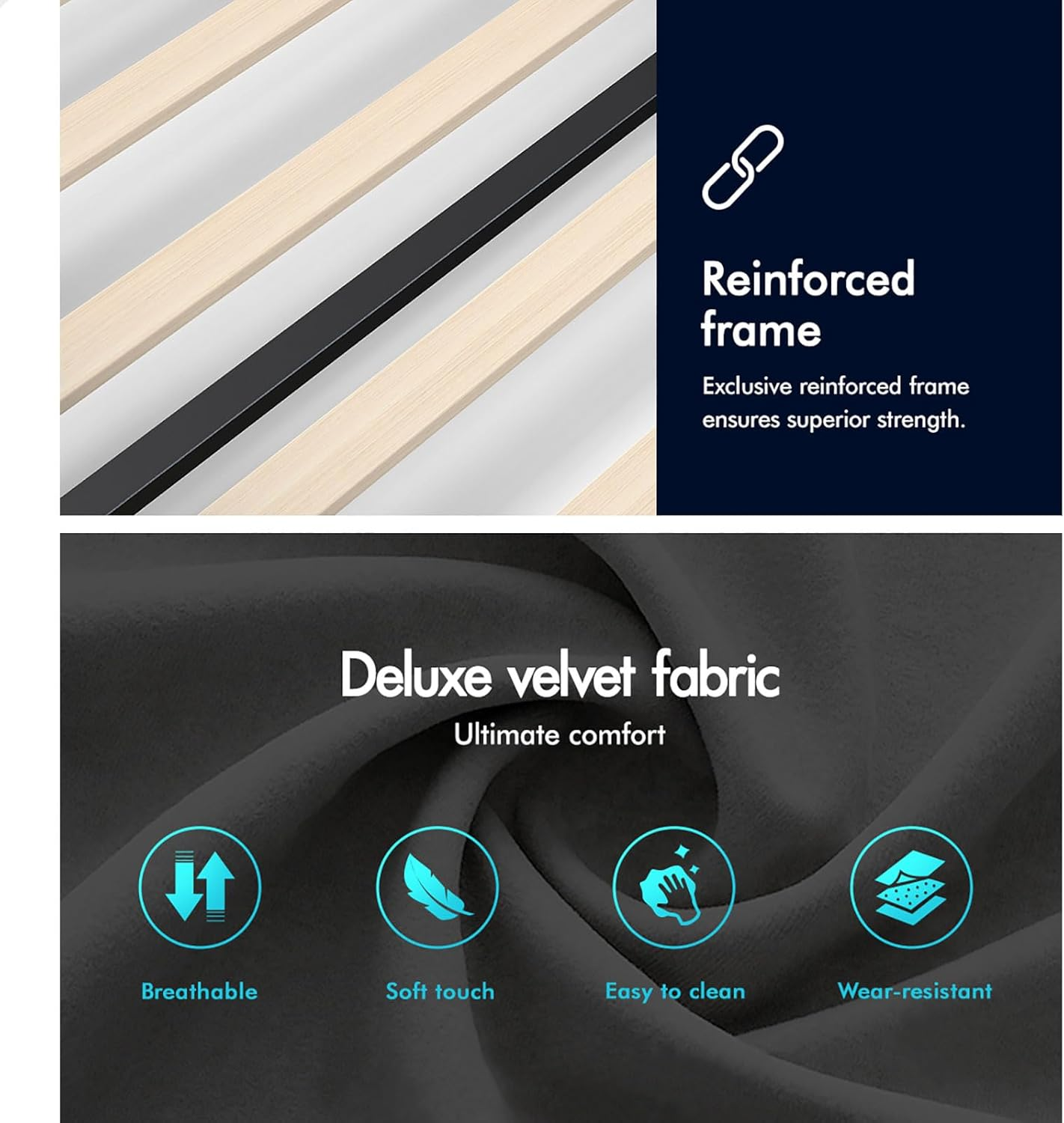 ALFORDSON Bed Frame Base Single Size with Headboard, Bed Platform Foundation with Velvet Fabric Upholstered for Mattress Topper, HUNDOLF Series Velvet Grey image number 2