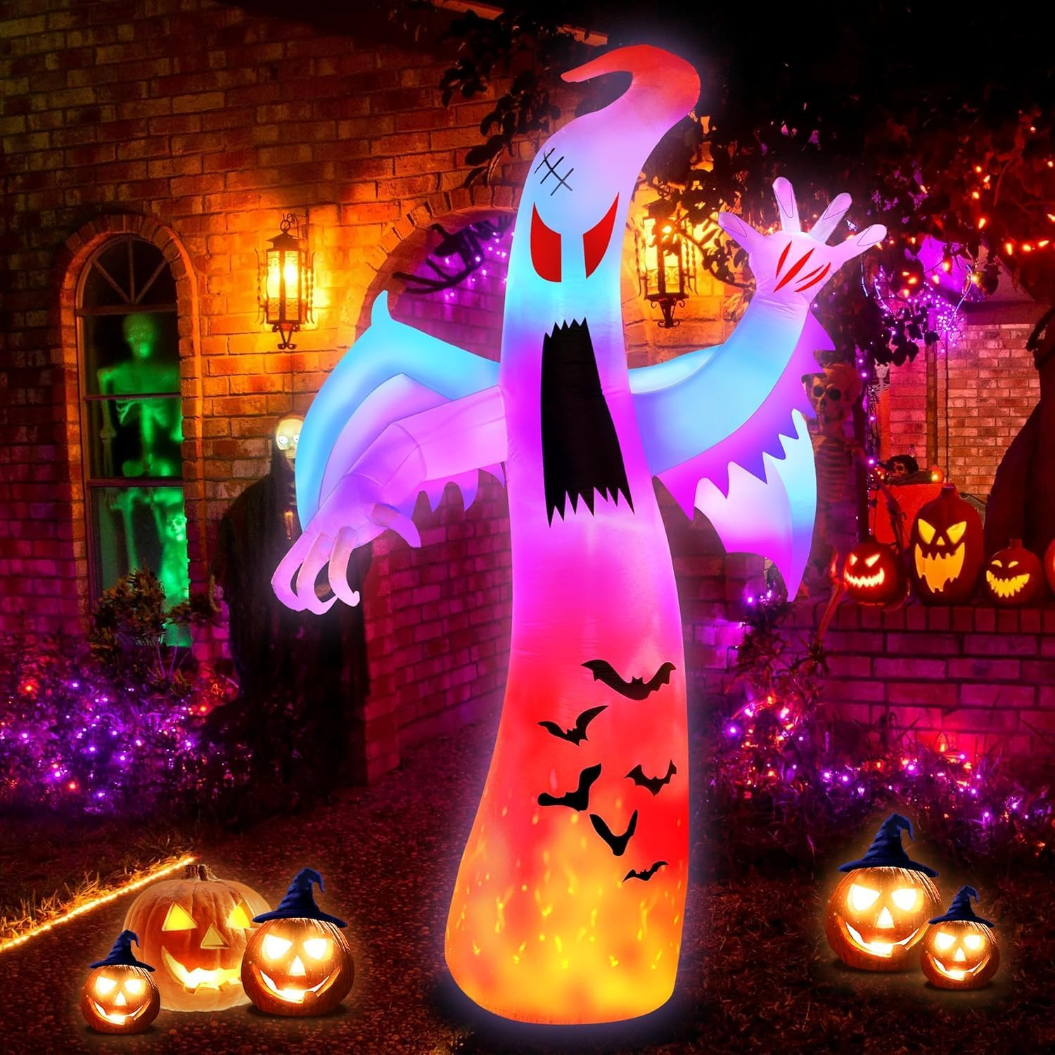 Halloween Inflatables Ghost Decorations Outdoor, 12FT Giant Ghosts of Halloween with Wings Scary Spooky Ghost Colorful Flashing and Flame for Outdoor Yard Decorations, Garden, Lawn image number 5