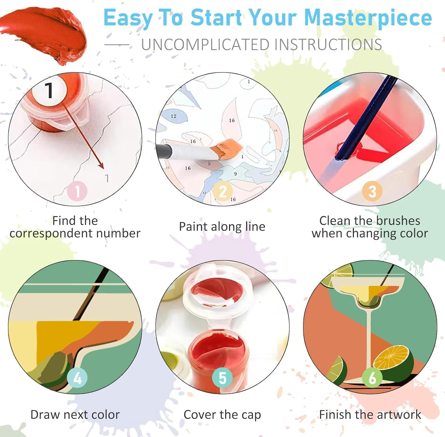 6 Pack Paint by Numbers Kit for Adults Beginners, 8X10 Inch Cocktail Adult Paint by Number Kits on Canvas, Cocktail DIY Acrylic Oil Number Painting Kits for Adults, Perfect for Gift Home Decor image number 2