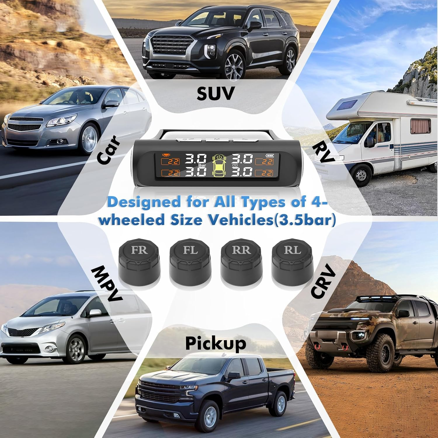 Tyre Pressure Monitoring System,Tpms with Solar & USB Charging, TPMS W/4 External Sensors & 5 Alarm Modes,Real Time Monitoring Pressure & Temperature, Auto Sleep,Suitable for 4 Wheeled Vehicles image number 4