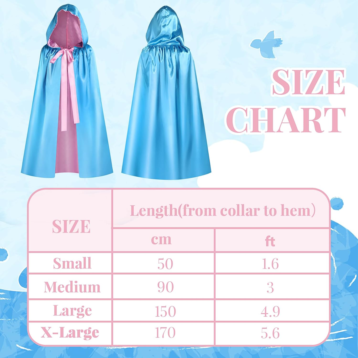 Haysandy Blue Fairy Hooded Cloak Costume, Polyester Cape Cosplay Cloak Princess Costume with Pink Ribbon for Women Girls image number 5