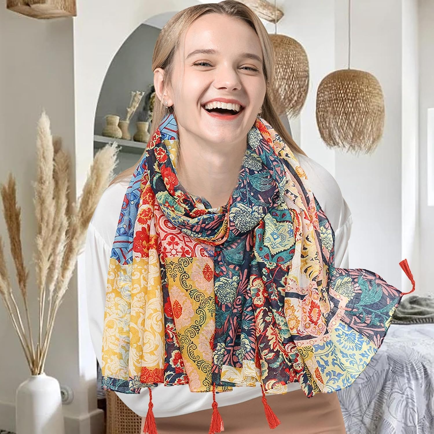 Boho Printed Scarf | Lightweight Boho Cotton Scarf Wrap Boho Scarf with Fringe | Winter Fashion Vintage Scarf for Beach Swimming Pool Travel Work, Multi-Coloured, Siehe Beschreibung image number 3