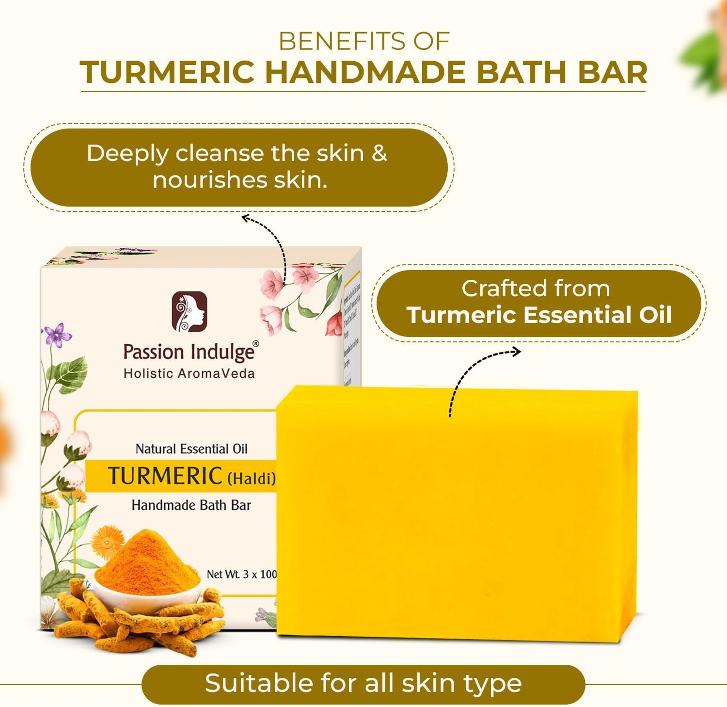 Passion Indulge Ayurvedic Turmeric Handmade Soap Bar &ndash; Pack of 3 | Natural Essential Oil | Deep Cleansing & Moisturizing | for All Skin Types image number 6