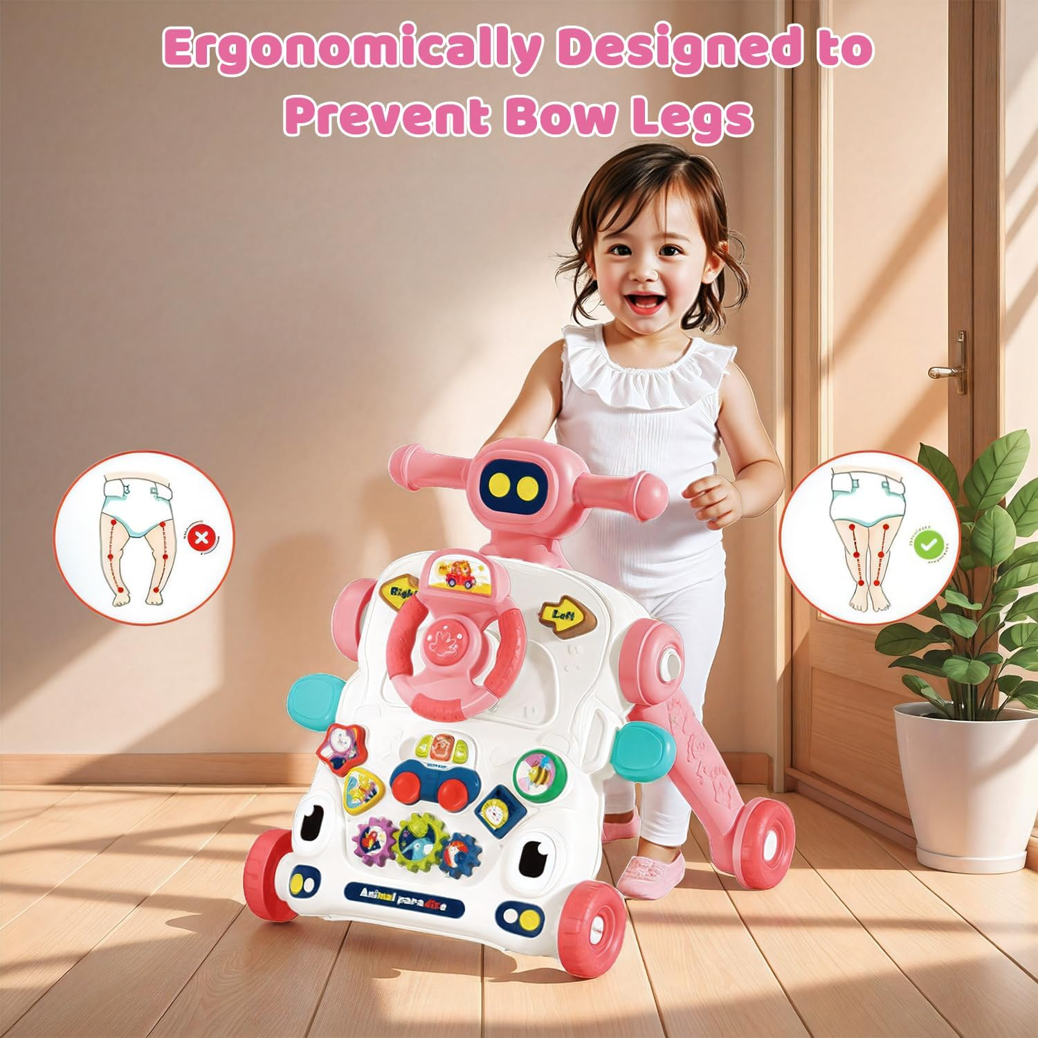 Uandhome 5 in 1 Baby Walker for 36 Months,Sit to Stand Learning Walker and Activity Center, Musical Toys for Babies 36 Month, Children Walking Toy, Early Educational Toy for Infant Boys Girls(Pink)