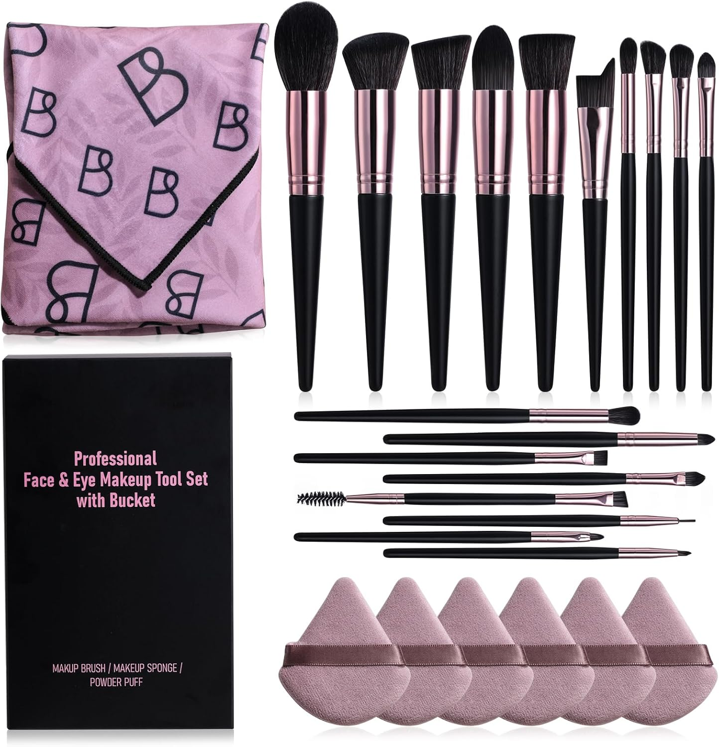 BS-MALL Makeup Brushes Set 25 Pcs with Triangle Puff &ndash; Travel-Friendly Magic Tape Storage Bag for Brush Organization, Black and Pink image number 1