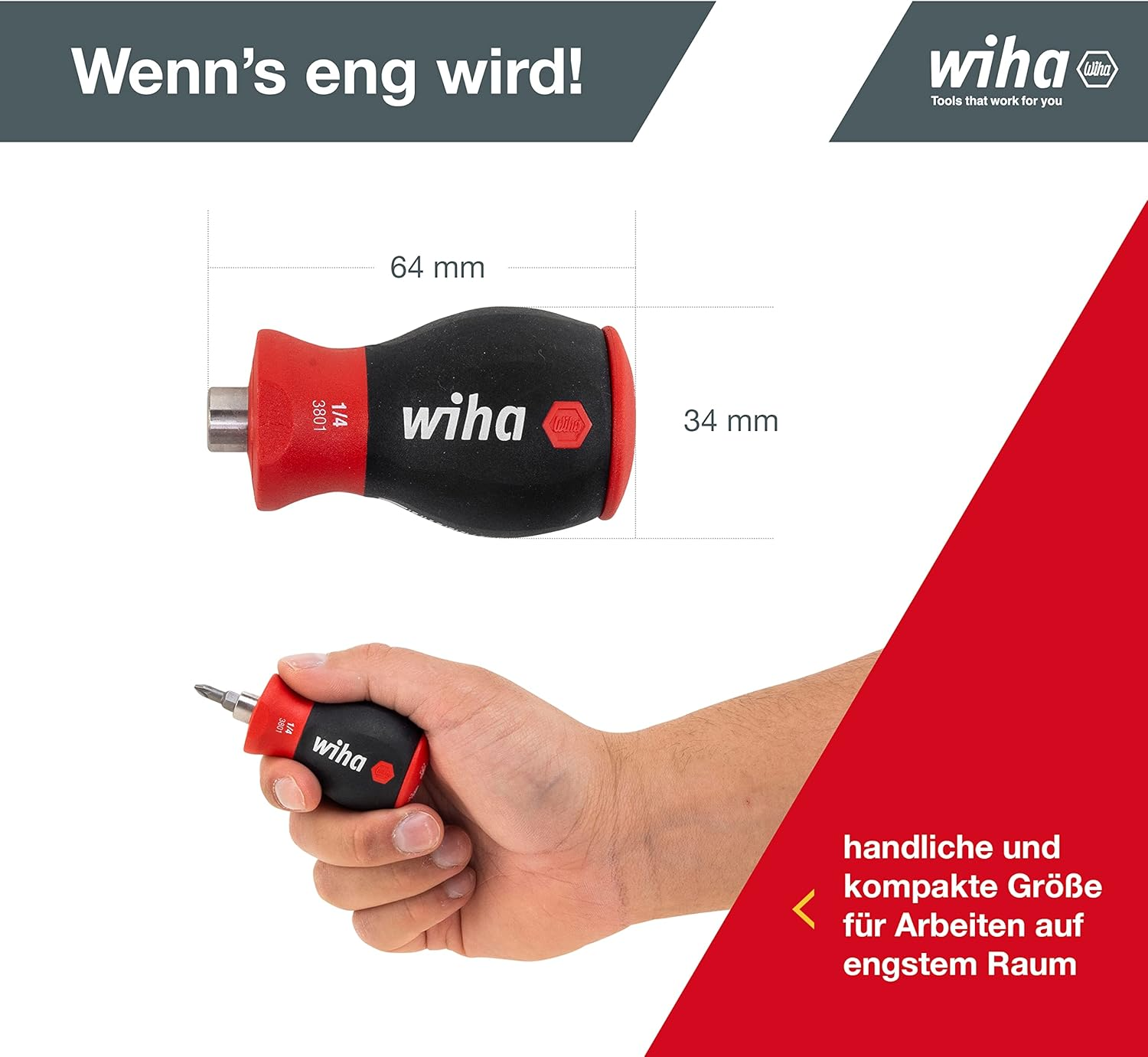 Wiha 33764 Stubby Holding Screwdriver with Bit Magazine, 1/4-Inch (7-Pieces) image number 6