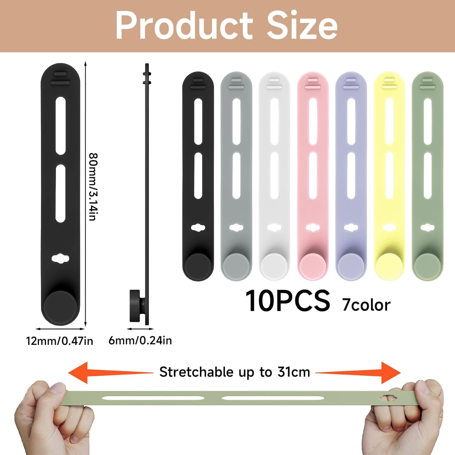 10 Pack Silicone Cable Ties Cord Organizer Strap, Colorful Reusable Wire Wrap Management with Lock Buckle, Elastic Cord Organizer Strap with Wire Clips Labels for Neat Cable Management (7 Color) image number 6