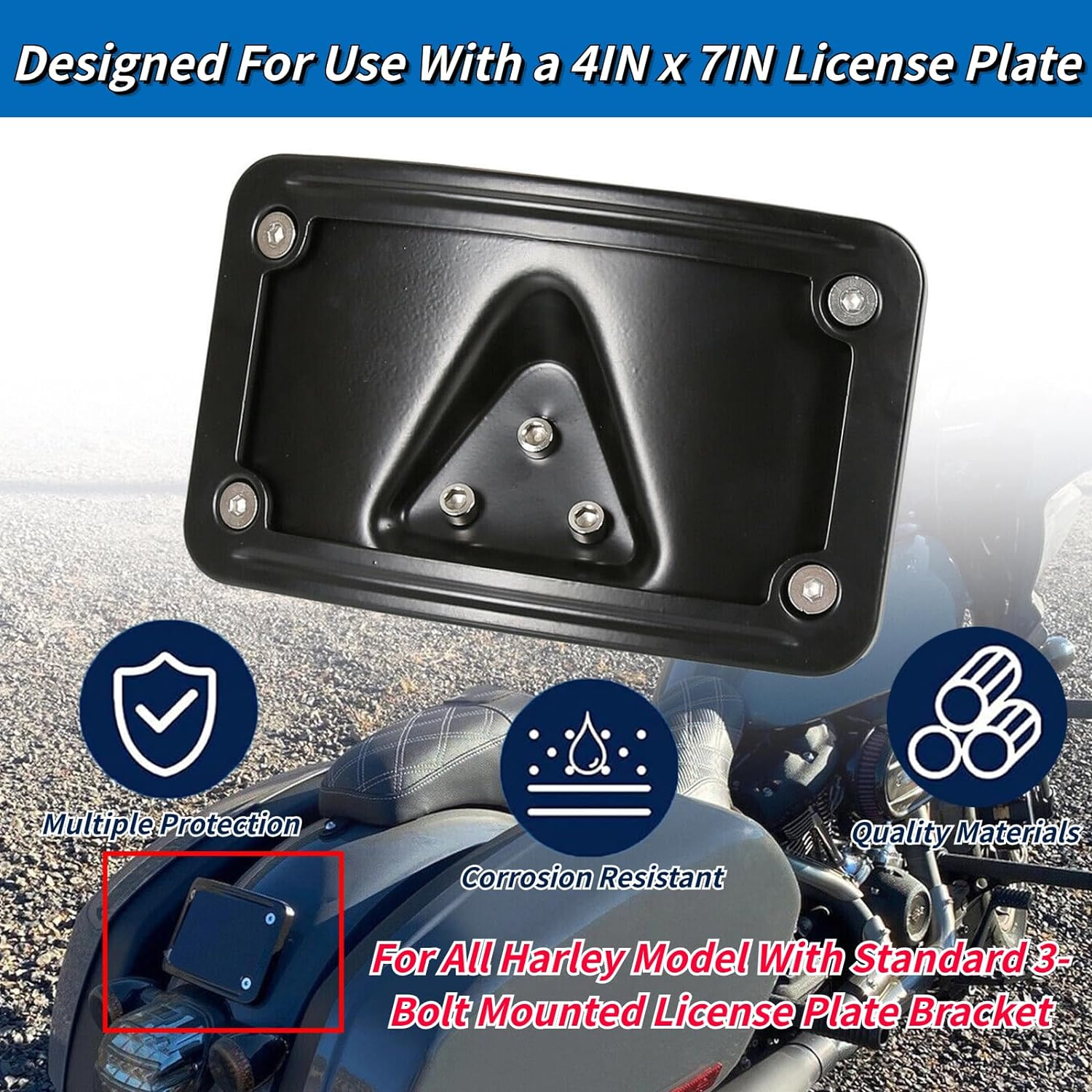 3148 Curved Laydown License Plate Mount with Frame Compatible with Harley Davidson 3 Hole Mount (Black) image number 2