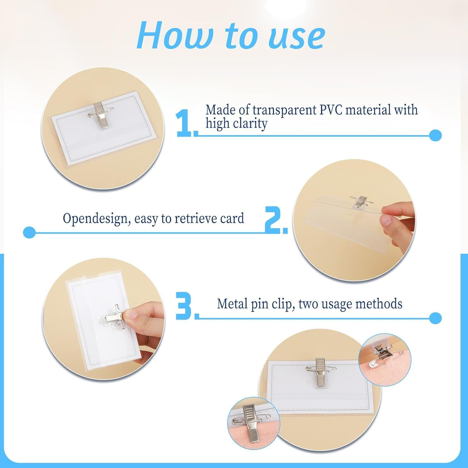 UPAUS 50PCS Pin Style Name Badge Holders, 9X5.6Cm Transparent Name Tags with Clip and Pin, Clear Plastic Name Tag Holder, Horizontal Id Card Holders for Meeting Seminar Show Event and Conference image number 4