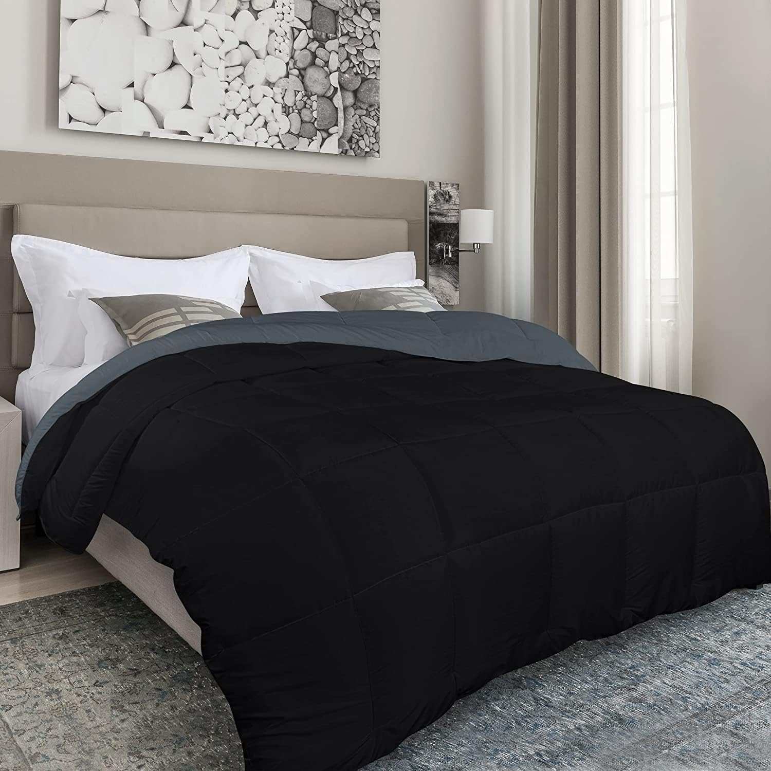 NY Threads Lightweight Double Duvet, 200 GSM All Season Soft Comforter, Box Stitched Microfiber Quilt (Black/Grey, Double - 200X200 Cm) image number 2