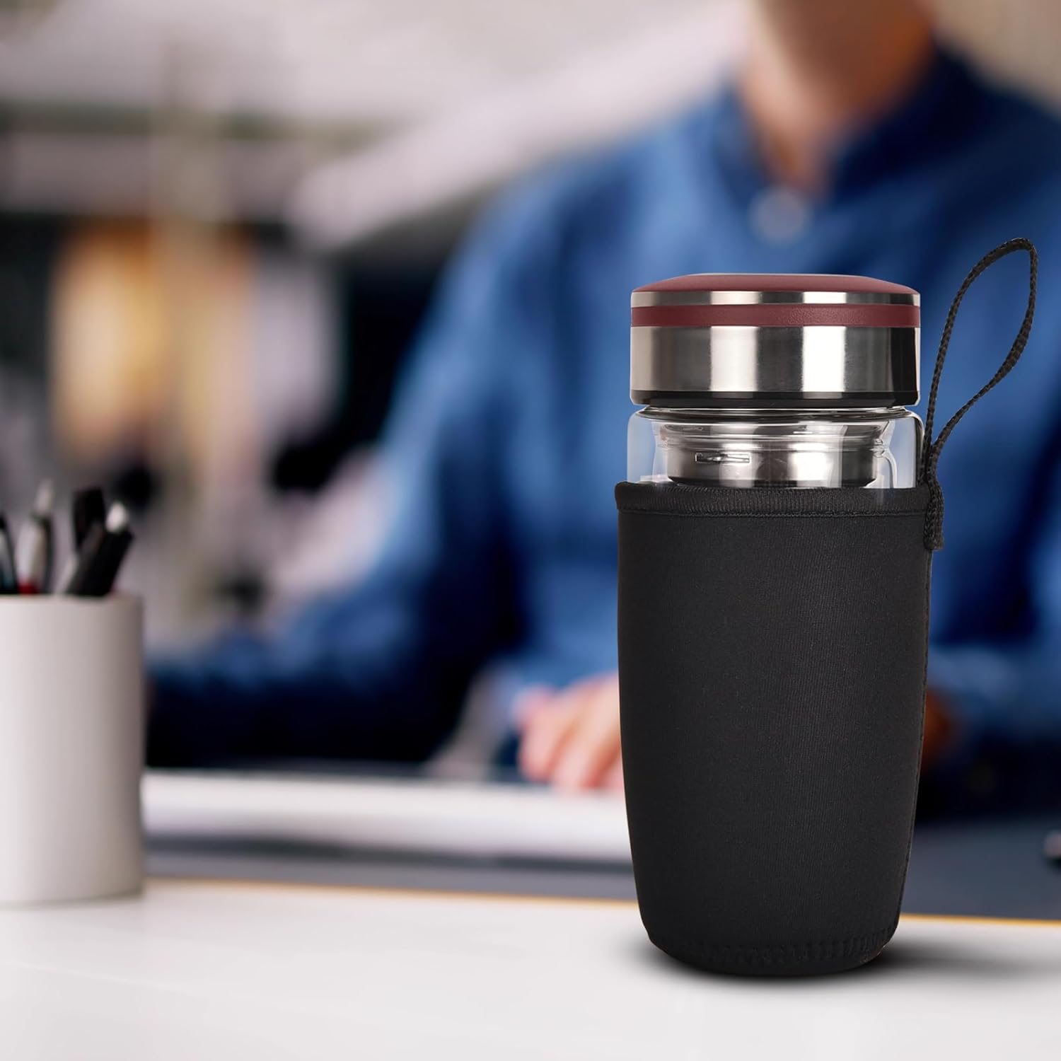 13Oz Double Wall Glass Water Bottle with Tea Infuser, Tea Tumbler with Strainer,Reusable Travel Mug with Neoprene and Stainless Steel Lid - Blue image number 4