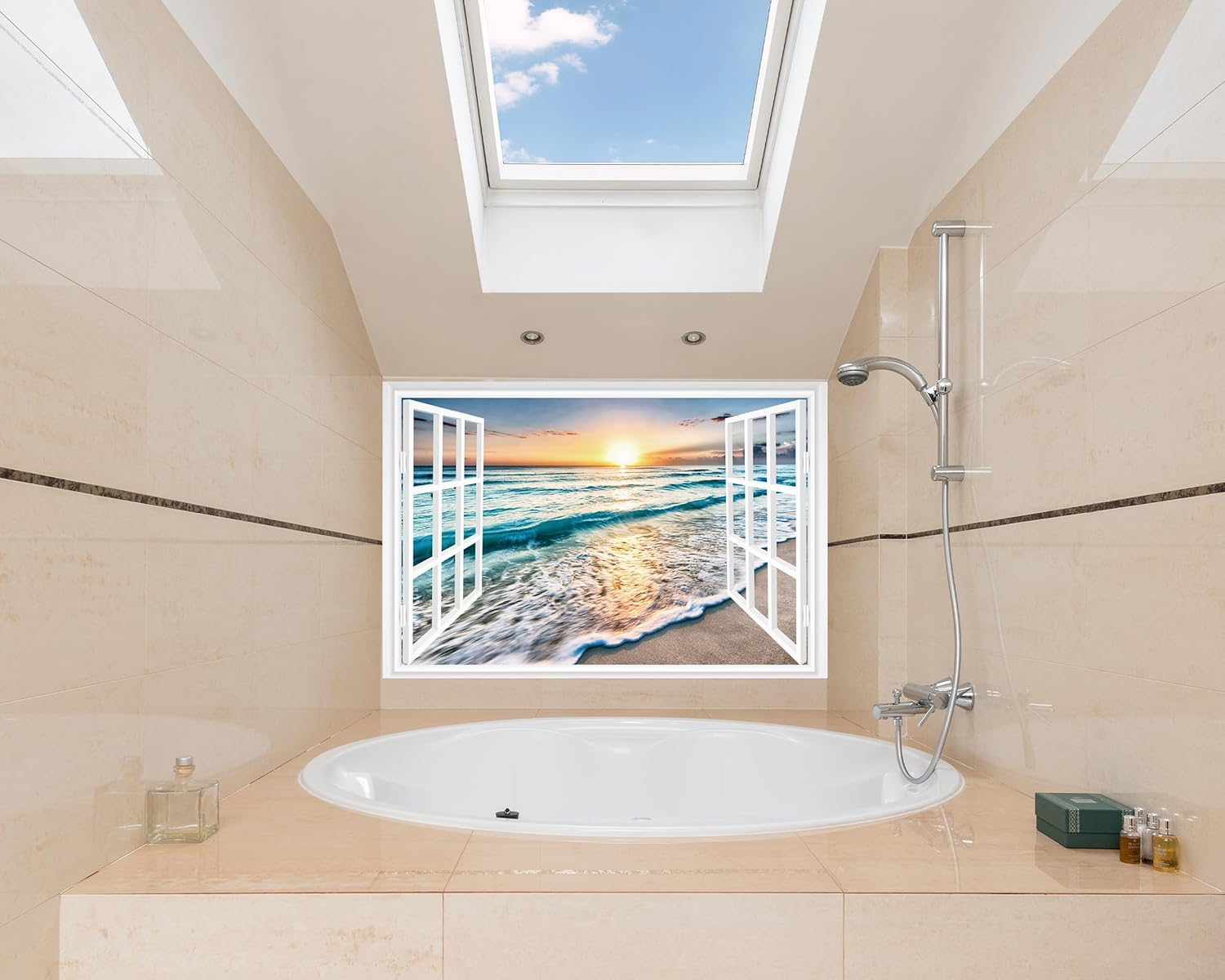 FLFK Fake Window Wall Sticker - Sunset Beach Faux Window Wall Mural for Wall Decor, Stick and Peel Wall Decals, 48"X32", Set of 2 Sheets image number 5