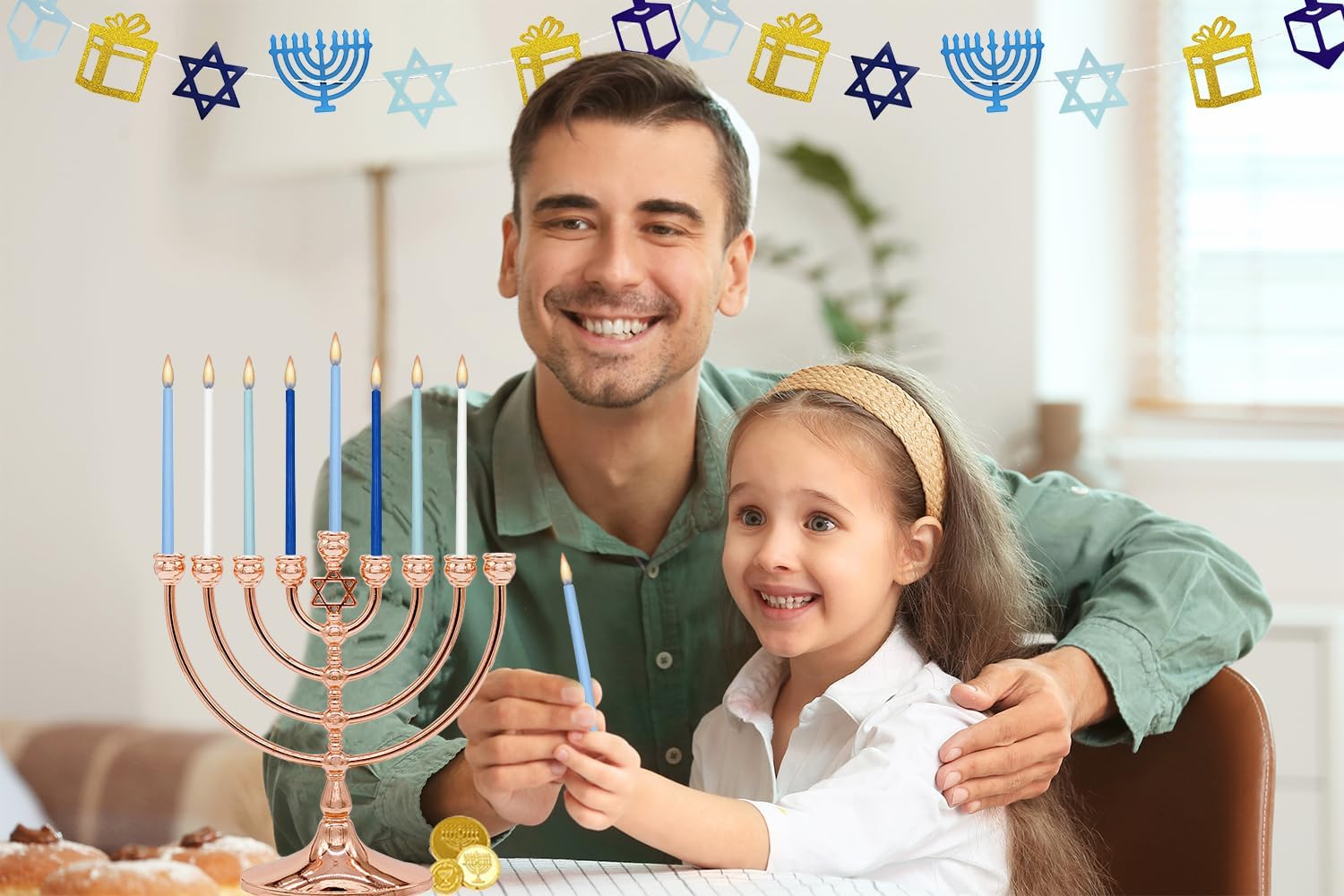 The Dreidel Company Deluxe Tapered Pastel Blue and White Hanukkah Menorah Candles for All 8 Nights of Chanukah - Muted Rainbow image number 3