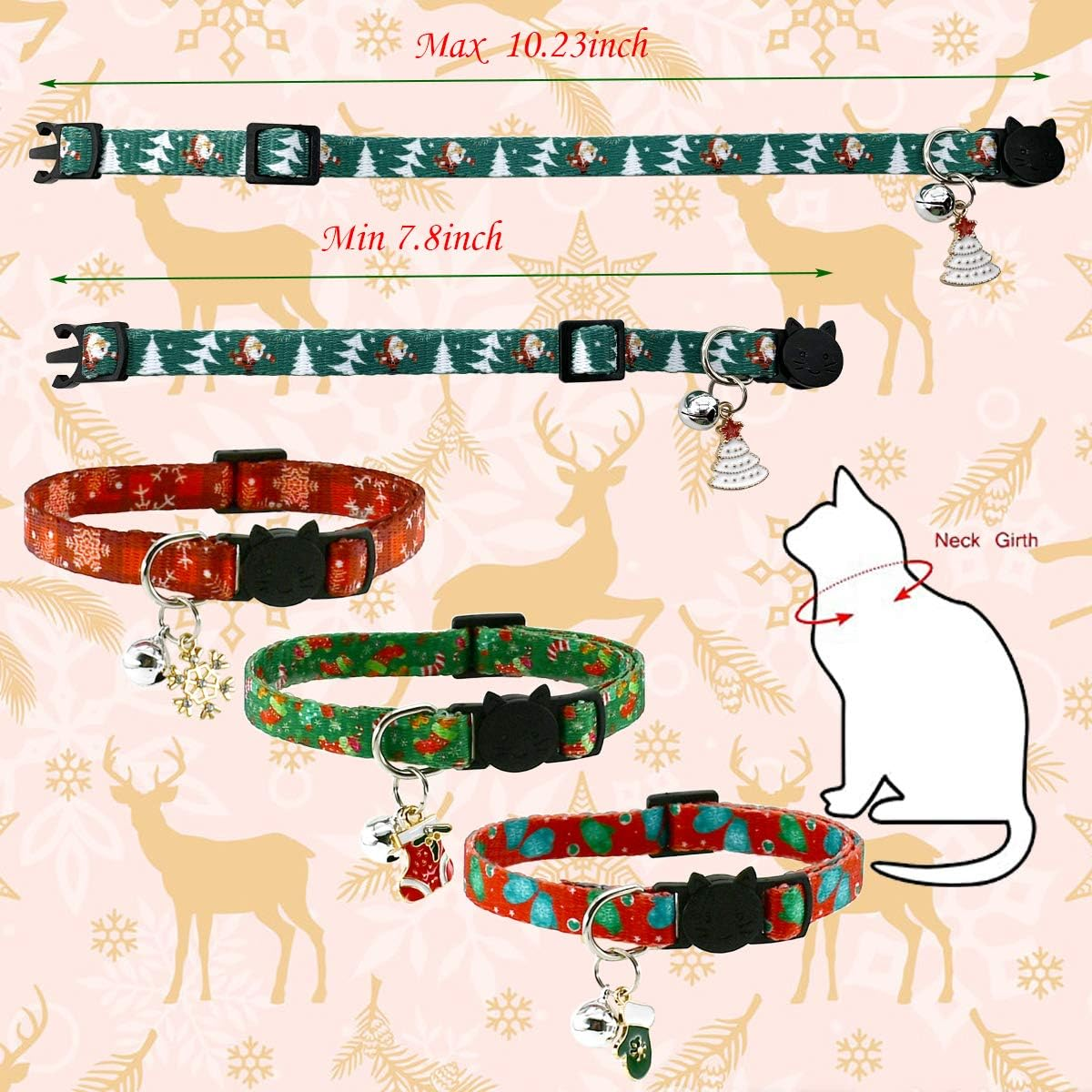 Cooshou Christmas Cat Collar Set - Xmas Cat Adjustable Breakaway Collars with Bells & Charms 4Pcs per Set image number 4