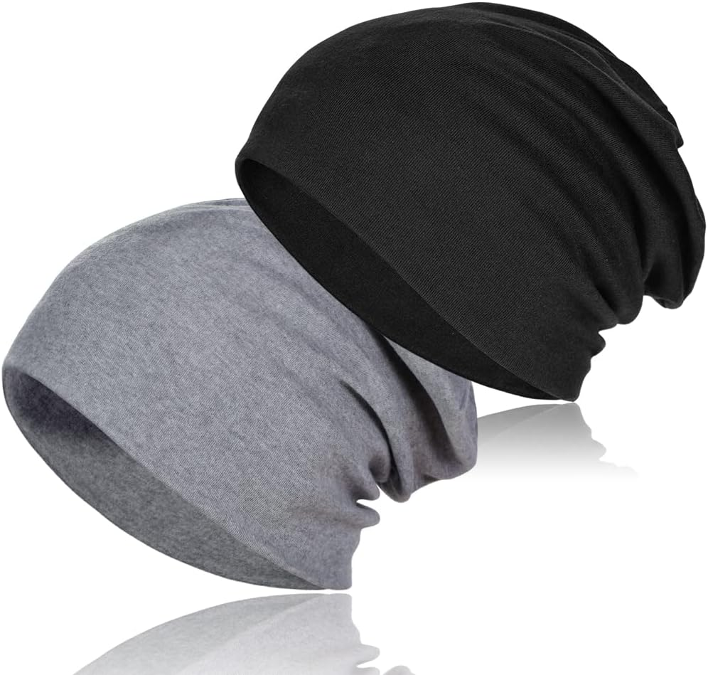 2 Pieces Soft Cotton Slouchy Beanie, Breathable Outdoor Beanie Hats Baggy Skull Cap Stretchy Chemo Hats for Men Women image number 2