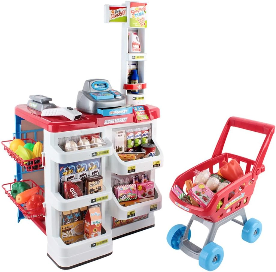 Keezi Kids Pretend Play Set, 24Pcs Supermarket Playset Shopping Trolley Cash Register Toy Battery for Friends Family with Lighting and Sound Features, Children Cubby House Toys Outdoor Plays Red White