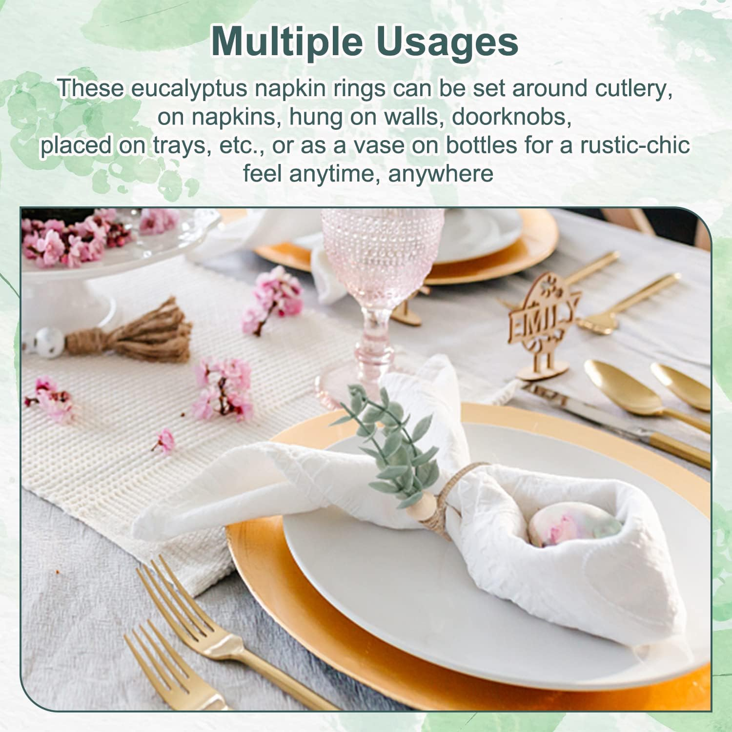 Eucalyptus Napkin Rings Set of 12 - Green Leaf Spring Wood Bead Rustic Rings for Christmas, Wedding, Thanksgiving, Easter Table Decoration image number 3