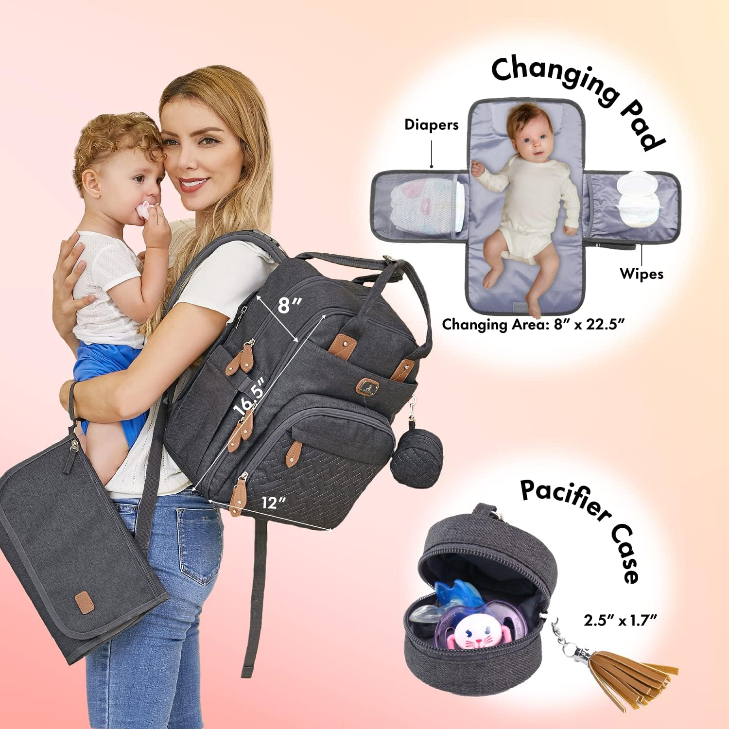 Dikaslon Changing Bag Backpack, Large Nappy Back Pack Multifunction Baby Bags with Portable Changing Mat, Pacifier Holder, and Stroller Straps, for Mom and Dad image number 3