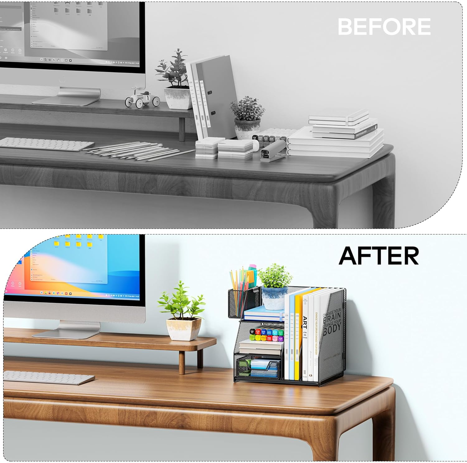 ADO03 Metal Mesh Desk Organizer with File Holder, 2-Tier Paper Letter Tray and One Drawer, 2 Pen Holders & 2 Vertical Magazine Holders for Office Supplies, Black image number 4