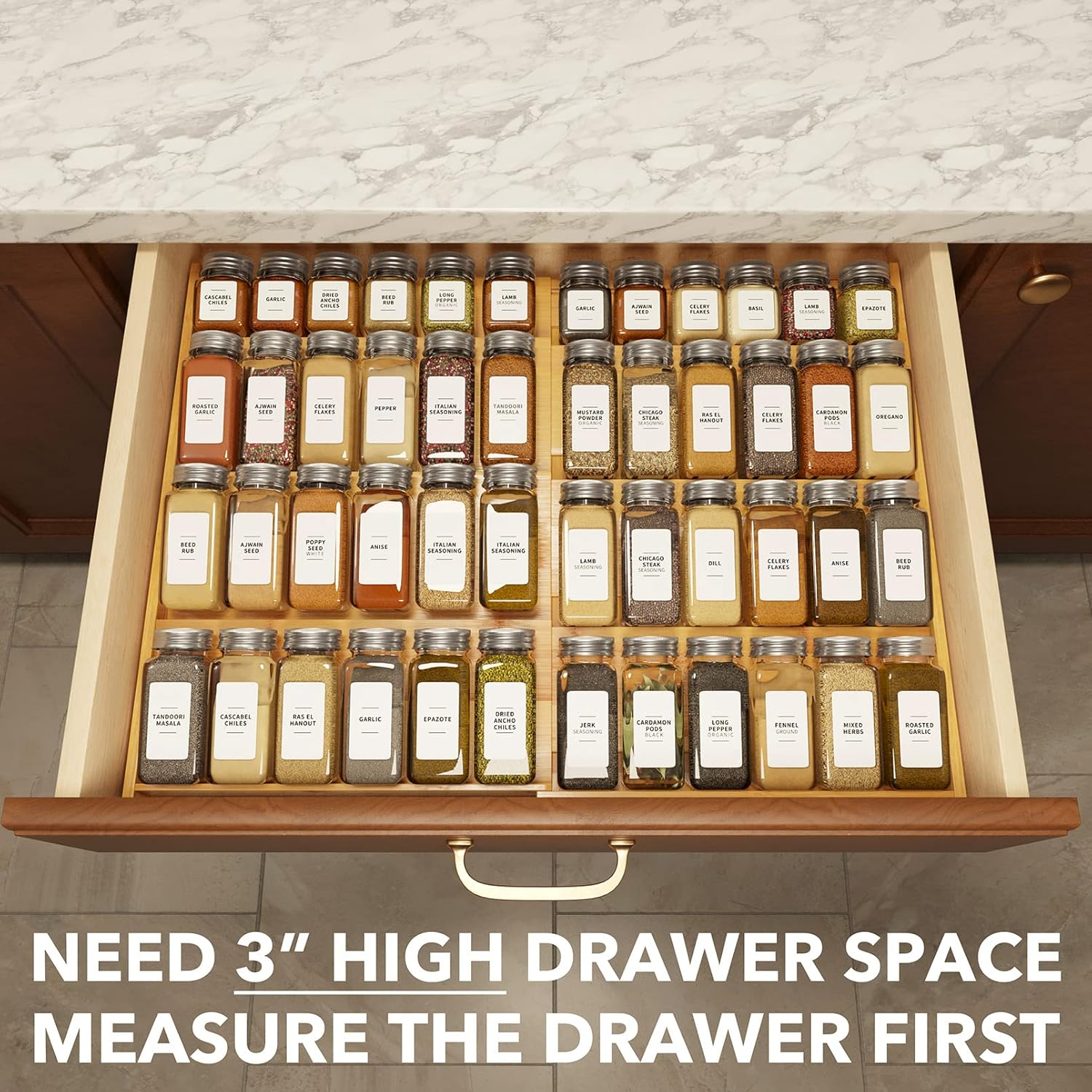 Spaceaid Bamboo Spice Drawer Organizer, (Need 3" Deep Drawer) Expandable 4 Tier Spices Rack for Cabinet, Kitchen Seasoning Storage Insert (Jars Not Included, from 12" to 23" Wide)