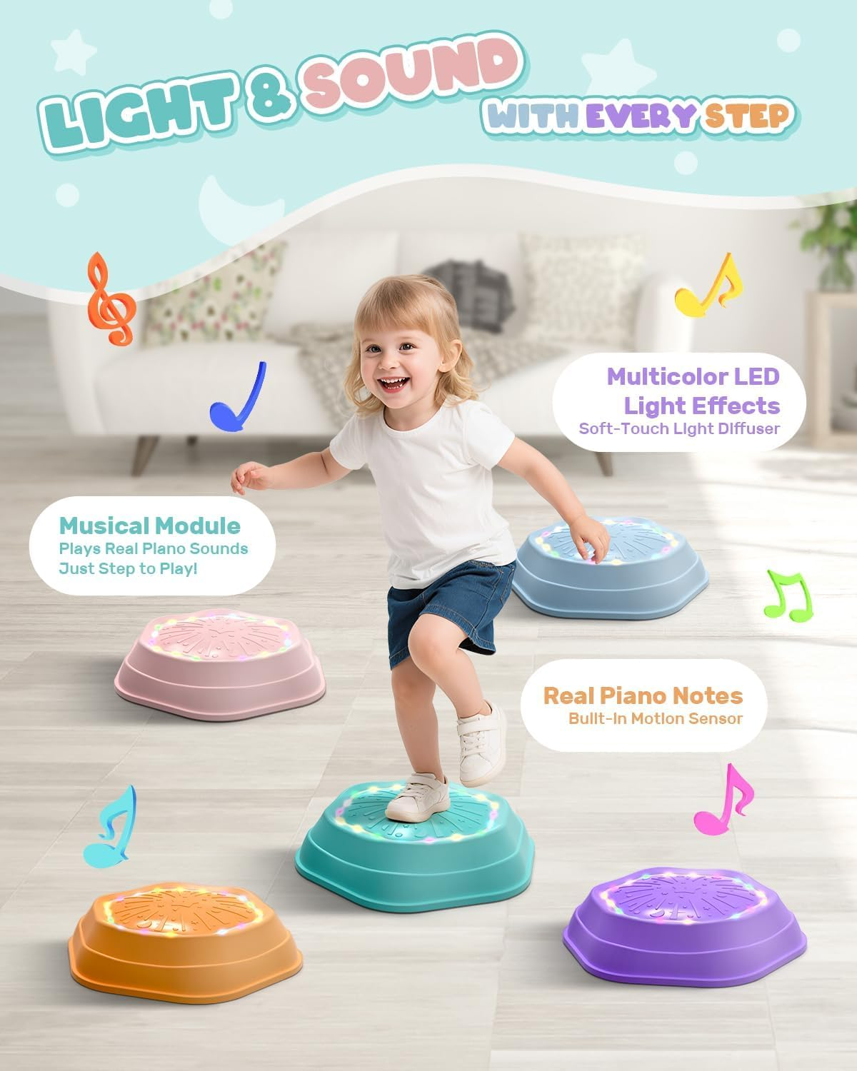 Holyton Light-Up Musical Stepping Stones for Kids, 5-Piece Set, Non-Slip Sensory Balance Stones for Toddlers, Indoor & Outdoor Play, Perfect for Ages 3+ image number 3