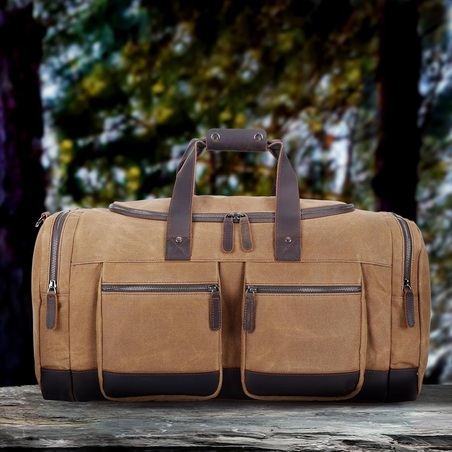 Tiding Men'S Waxed Canvas Cowhide Leather Travel Duffle Bag Waterproof 23 Inch Duffel Bag Weekender Overnight Vintage Travel Hand Bag Carry on Bag