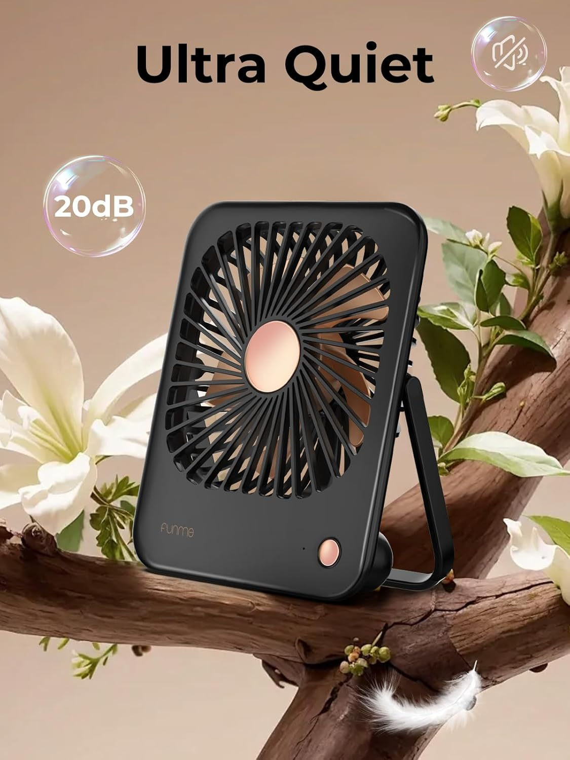 Funme&reg; Small Battery Desk Fan, Exquisite Table Fan Silent 180&deg;Foldable Portable 3000 Rechargeable Battery Powered Golden Fan Blades Strong Wind for Hot Flashes Makeup Travel Shopping Home-Black - Pink  Gold image number 4