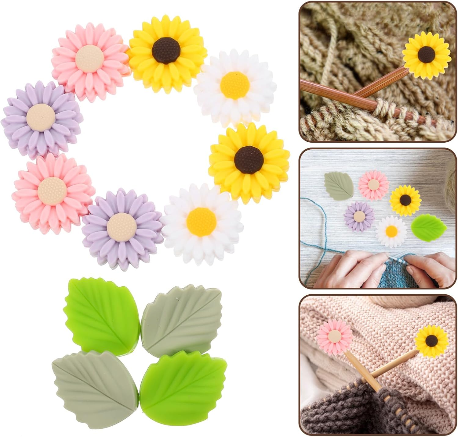 12Pcs Silicone Knitting Needle Point Protectors, Daisy Flower Leaf Tip Covers for Knitting, Crocheting, Diy Crafts, Assorted Colors image number 5