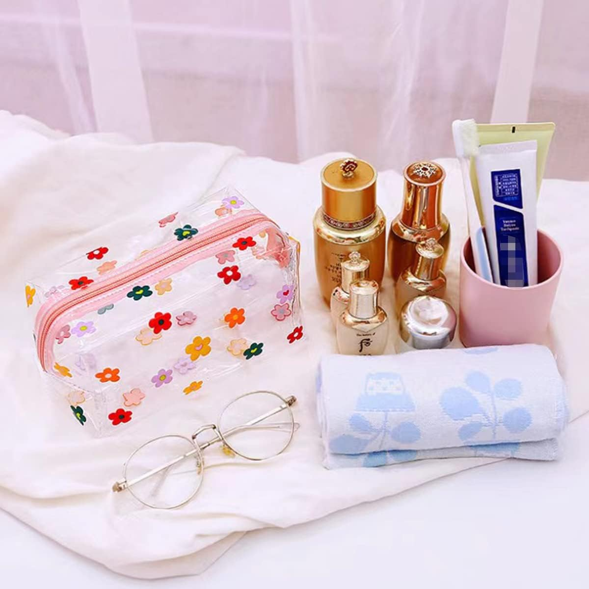 ZMZZ Cute Makeup Bag, Transparent Portable Makeup Bag, Waterproof Toiletries Storage Bag, Large Capacity Pen Bag, Colorful Flowers, Cute and Transparent Makeup Bag, Large Capacity Pencil Case
