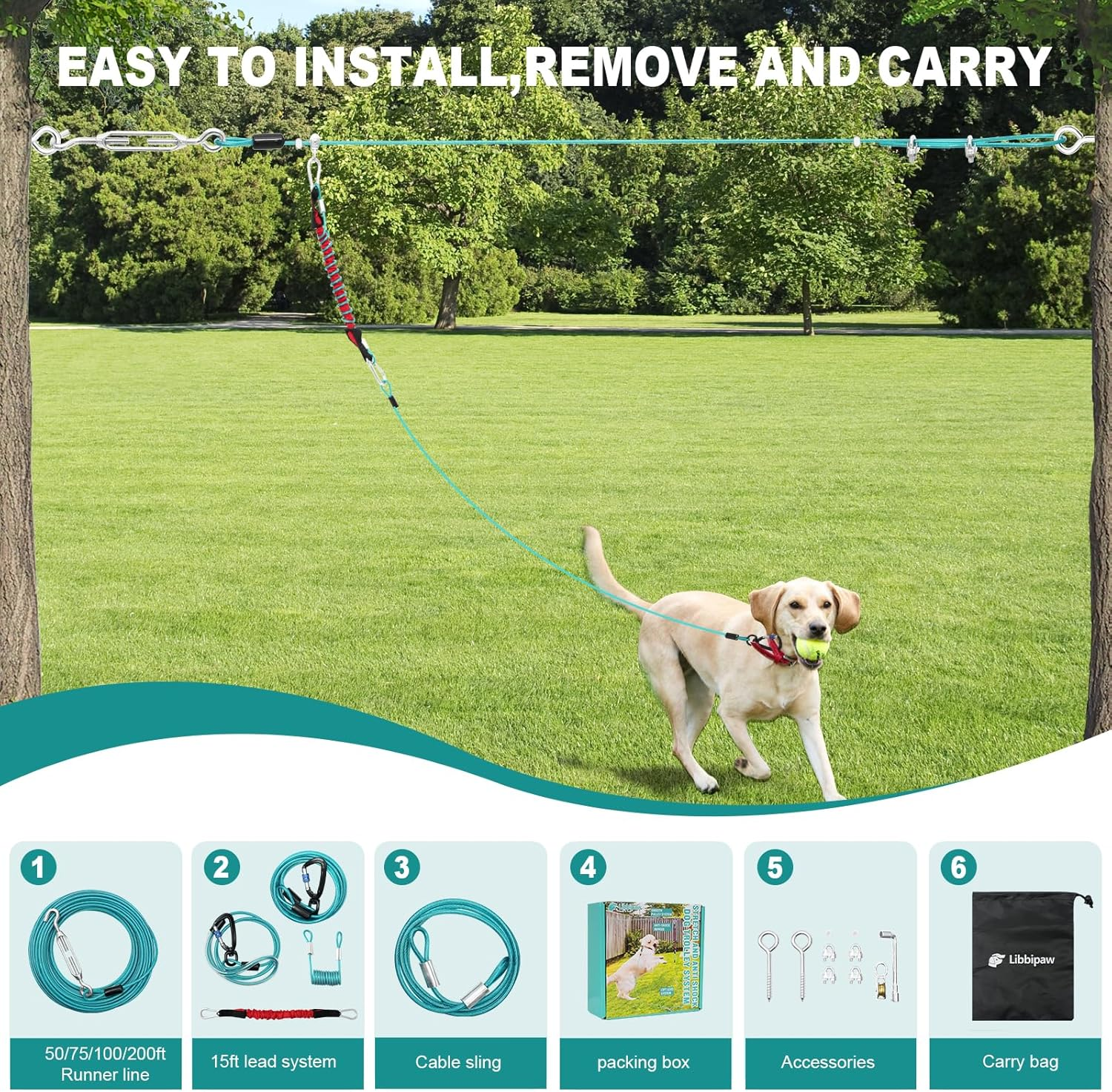 Libbipaw Dog Trolley System - Tangle Free & Shock Absorbing Heavy Duty Runner for Large Dogs up to 300 Lbs, 100 Ft Cable with 15 Ft Leash - Backyard, Park, Camping(100Ft) image number 4