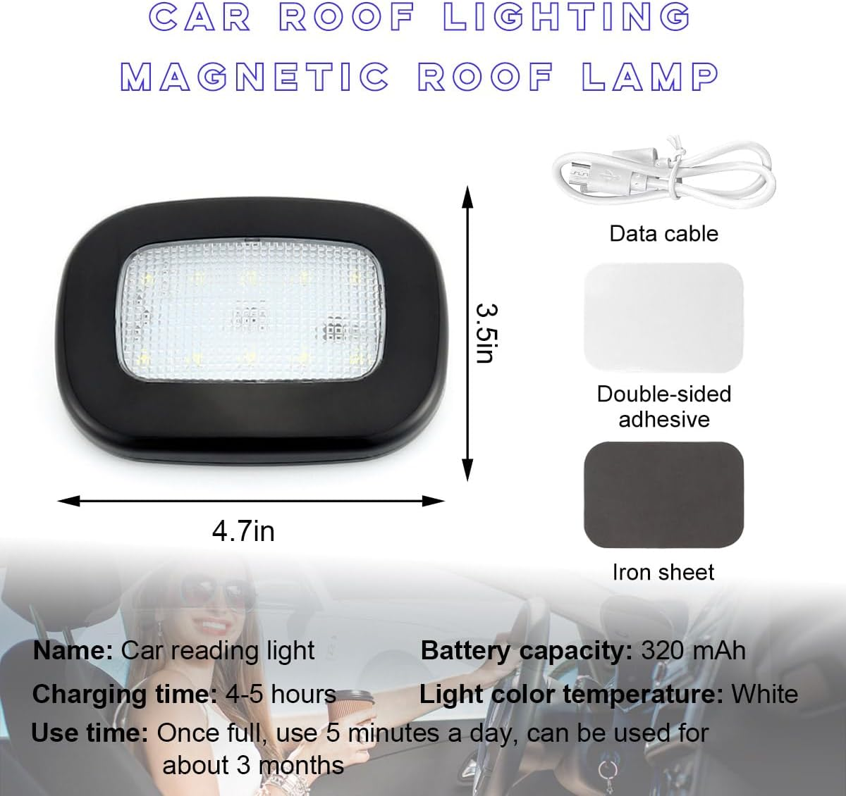 Ohleats Car Interior Ceiling Roof Lights, Magnetic Rechargeable USB Wireless Dome Lamp, LED Auto Map Reading Light Cover for Insider Roof Ceiling, Universal Car Accessories (Black) - Black image number 3