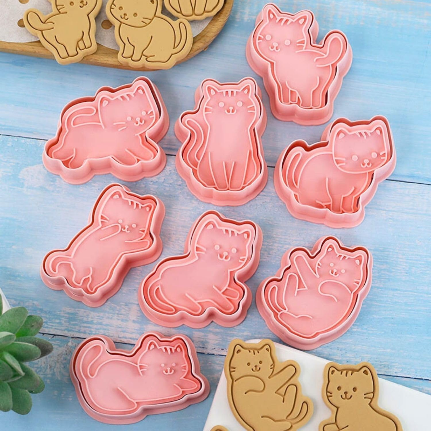 Crethinkaty Cat Cookie Cutters Set-8 Plastic Cookie Cutter Stamp- Cat Theme Fun Cookie Mold, Good for Making Cat Treats. image number 1