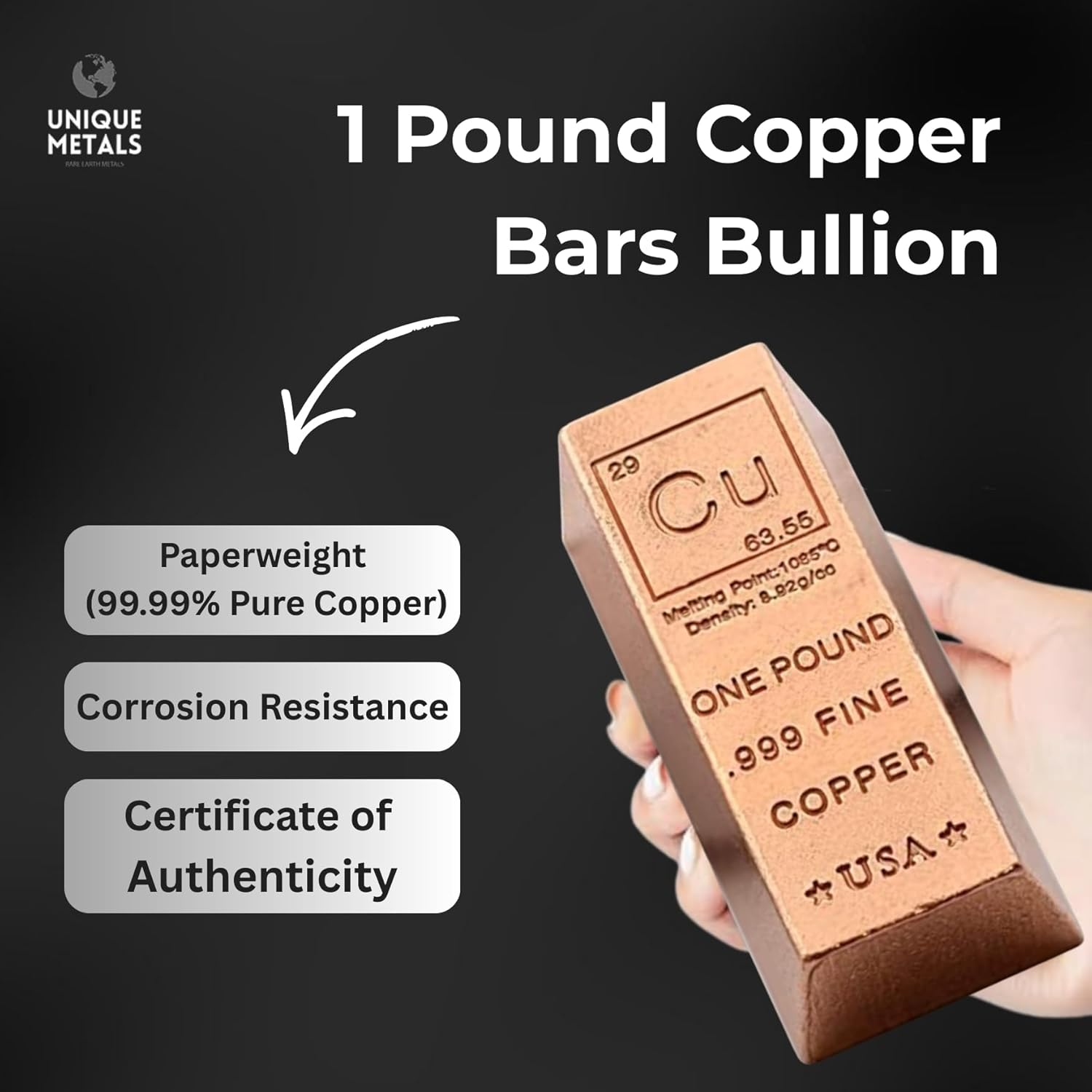 Unique Metals 1 Pound Copper Bar Ingot Paperweight - 999 Pure Chemistry Element Design with Certificate of Authenticity By image number 6