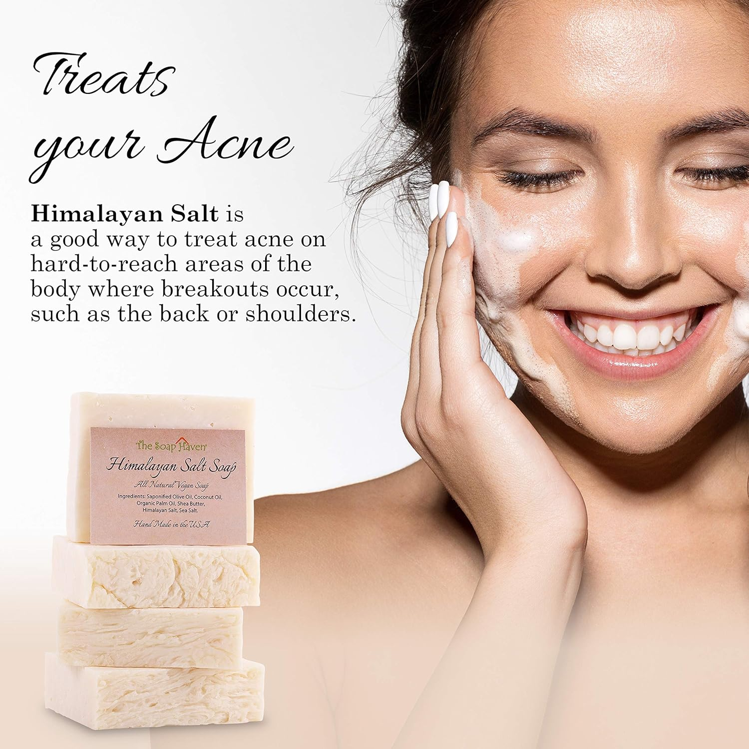 HIMALAYAN SALT SOAP BARS with Sea Salt & Shea Butter (4 Bars, 4.5Oz Each) - Handmade in USA with ALL NATURAL, NON-GMO, Unscented Ingredients. image number 2