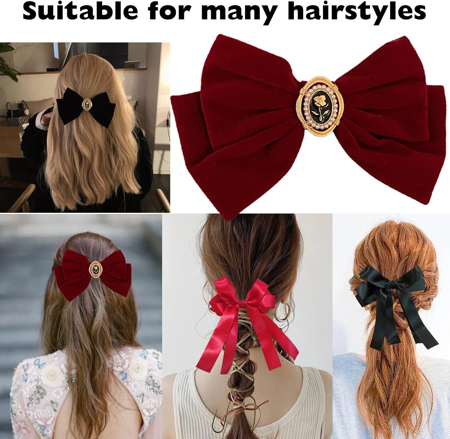 KASESSS 2 Velvet Hair Bow, 2 Silky Satin Hair Bow, Hair Bows for Women Girls, Red Black Bow Hair Clip, Vintage Bows for Hair, Big Bowknot Hairpin, Hair Bow Clip, Solid Color French Barrette Hair Clip