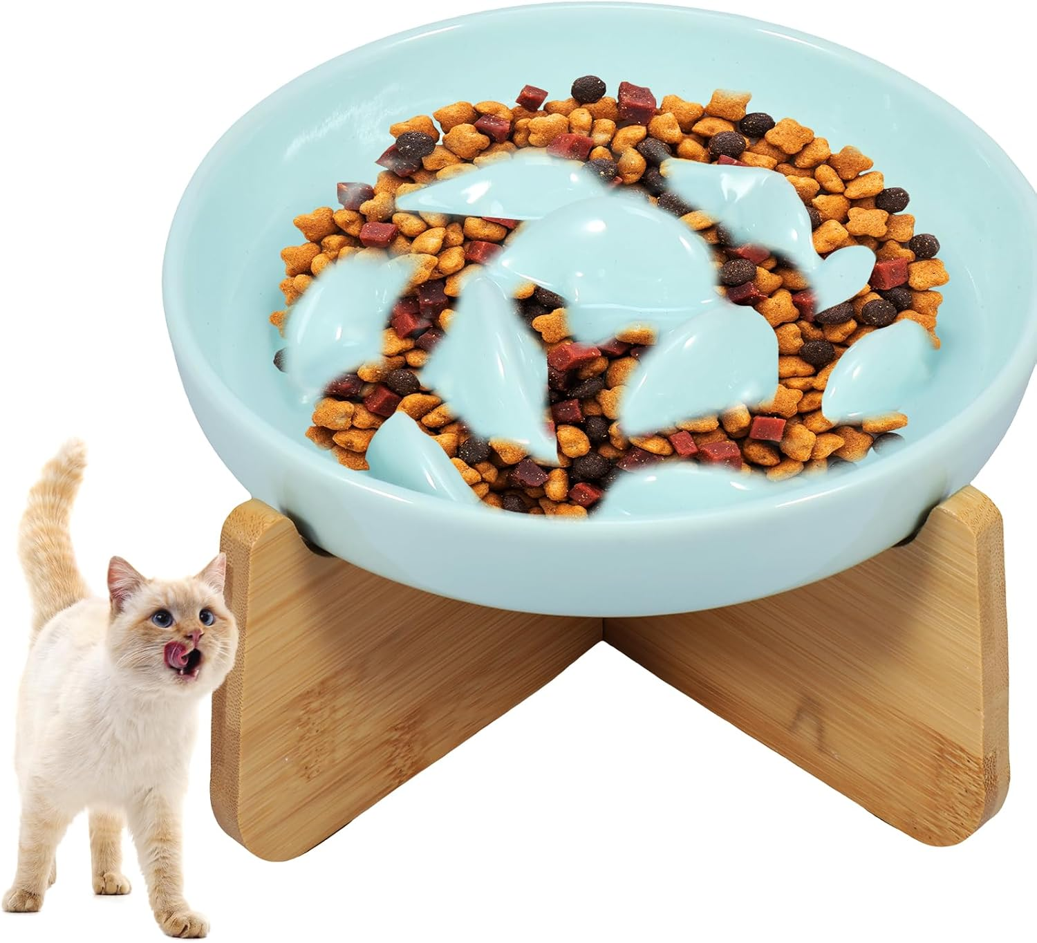 Raised Ceramic Slow Feeder Cat Bowl with Wood Stand, 6.4&times;1.14In Elevated Feeding Bowl Anti-Vomiting Non-Slip Slow Eating Dish for Cats (White)