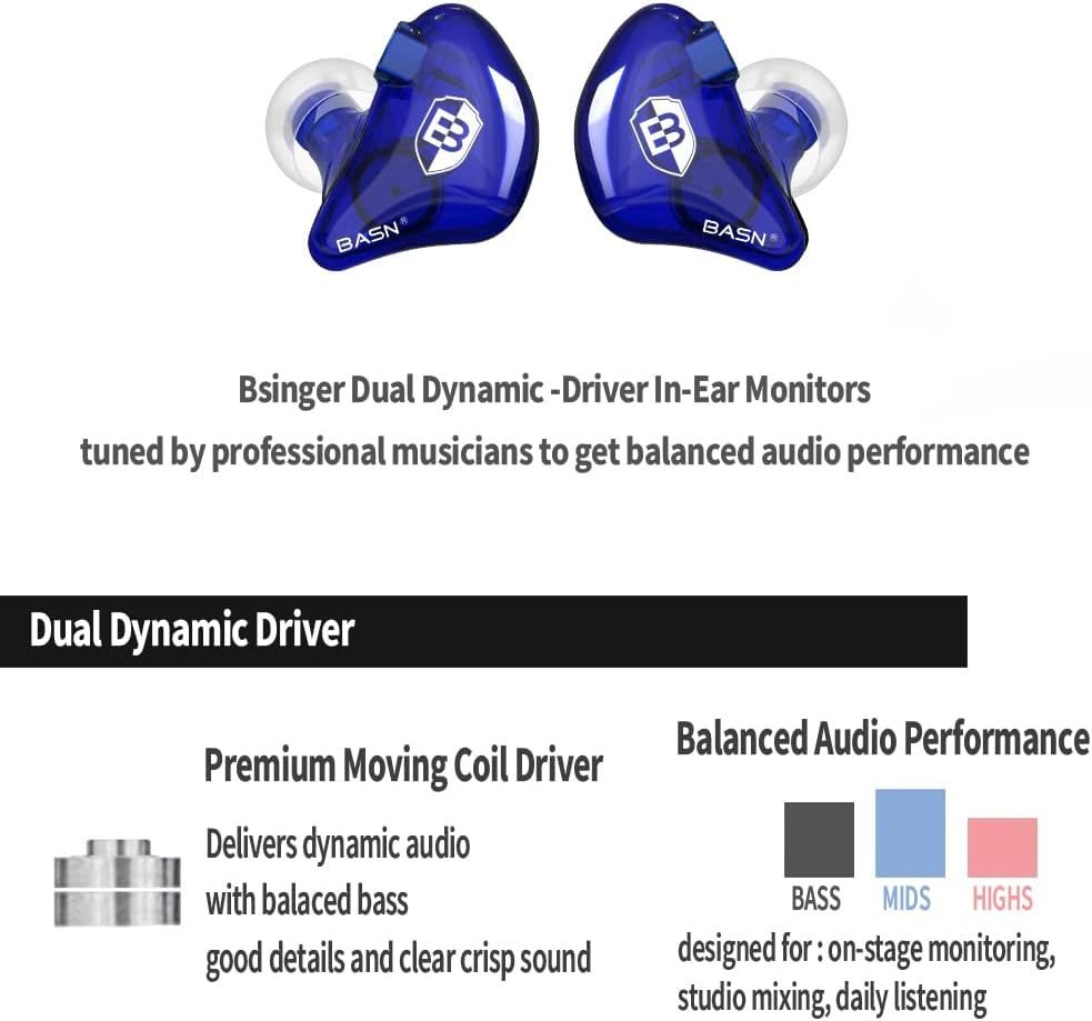BASN Bsinger in Ear Monitors Wired Earphones with Noise Isolation, Dual Dynamic Drivers High Definition Iems with MMCX Detachable Cable for Musicians Drummers Singers(Blue) - Blue image number 3