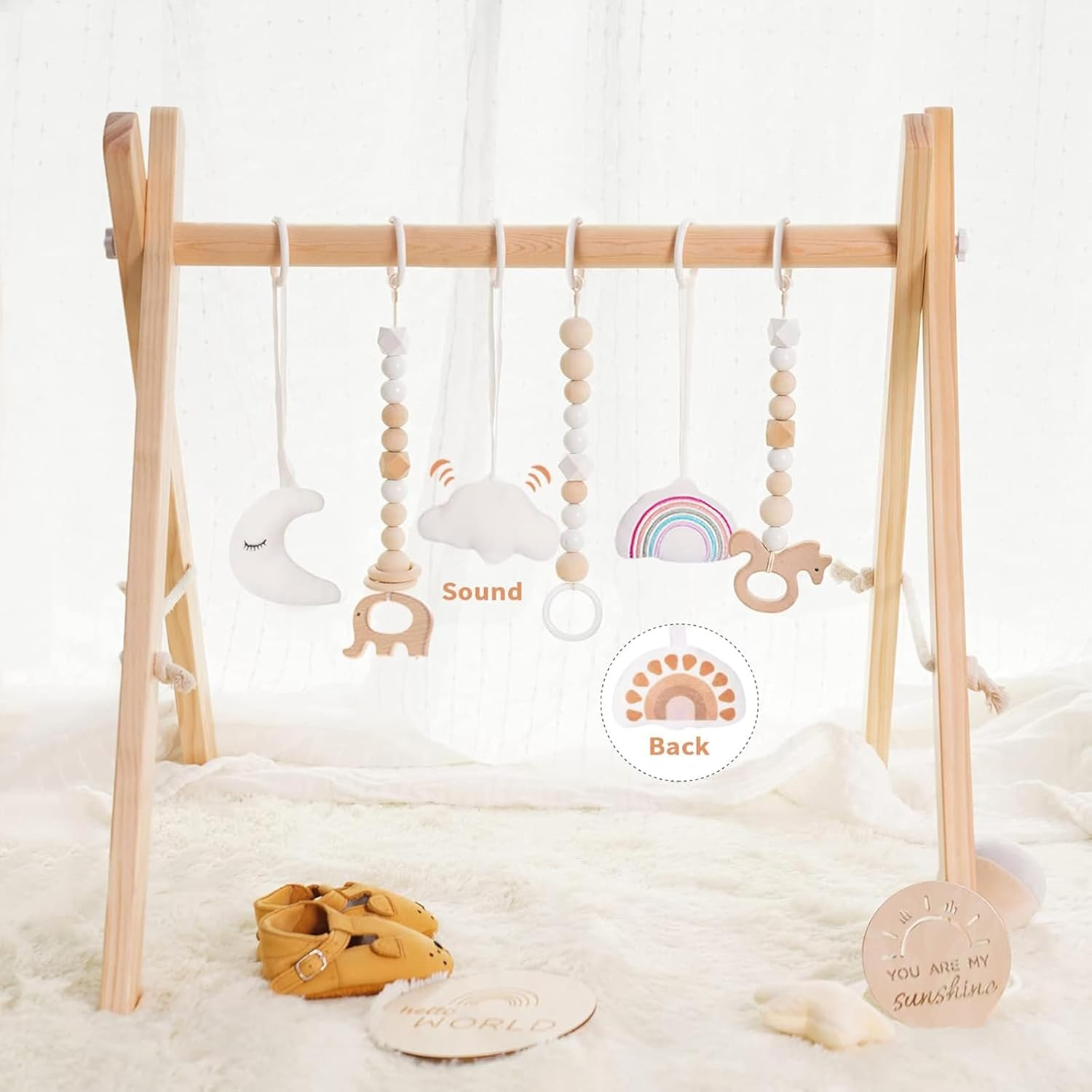 Wooden Baby Play Gym, Foldable Baby Gym with 6 Toys, Baby Toy Frame Activity Gym Hanging Bar Natural Wood Play Gym Newborn Baby Exercise image number 2