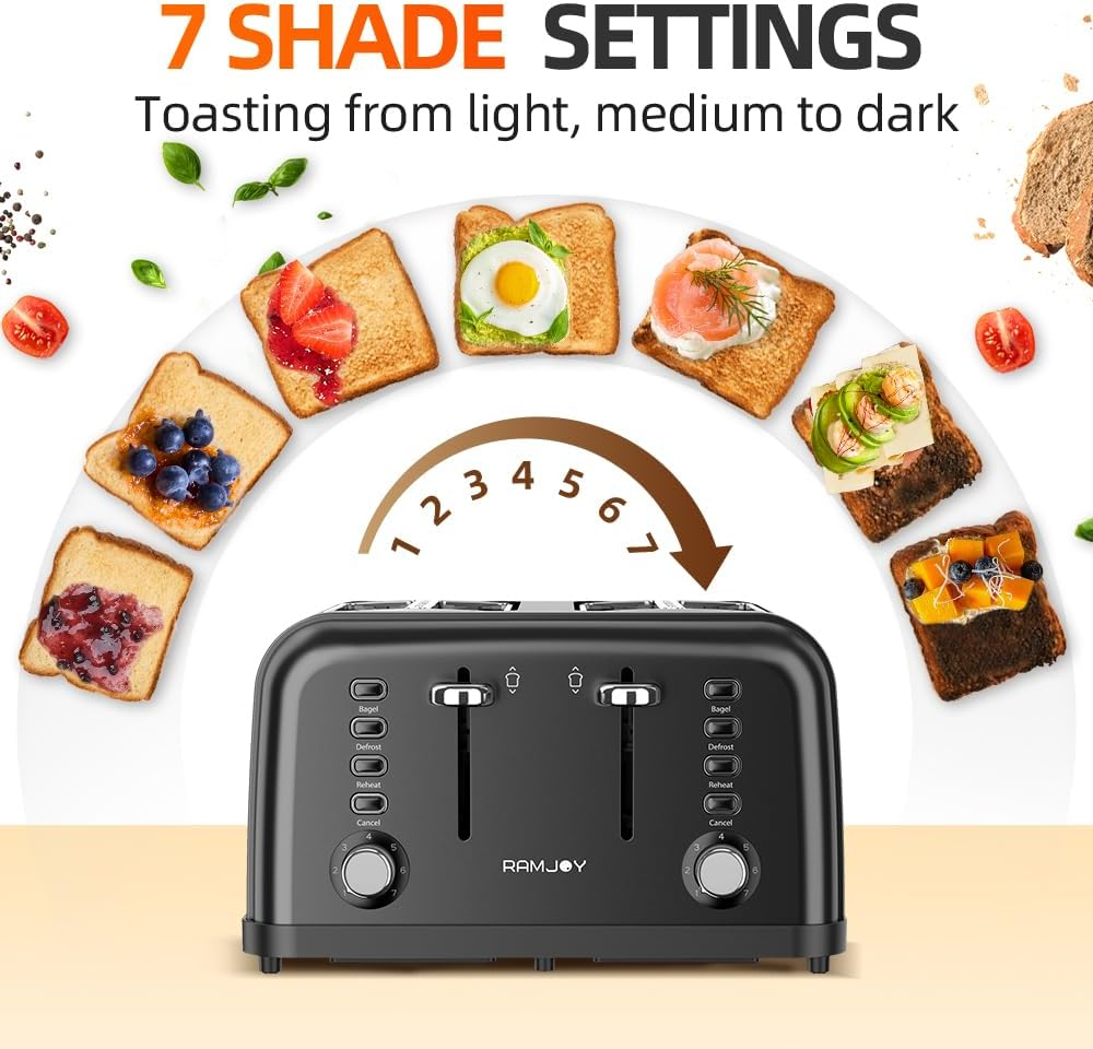Toaster 4 Slice, Dual Independent Controls, Extra Wide Slot Toasters for Bagel, Bread, Waffles, 7 Shade Settings, 4 Main Functions, Removable Crumb Tray, 1500 Watts, Black