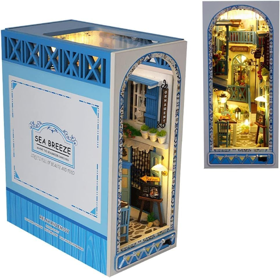 DIY Book Nook Kit 3D Wooden Puzzle Bookshelf Insert Decor with Light, DIY Miniature Dollhouse Model Kit Creative Bookshelf Insert Building Kits for Adults (Sea Breeze)
