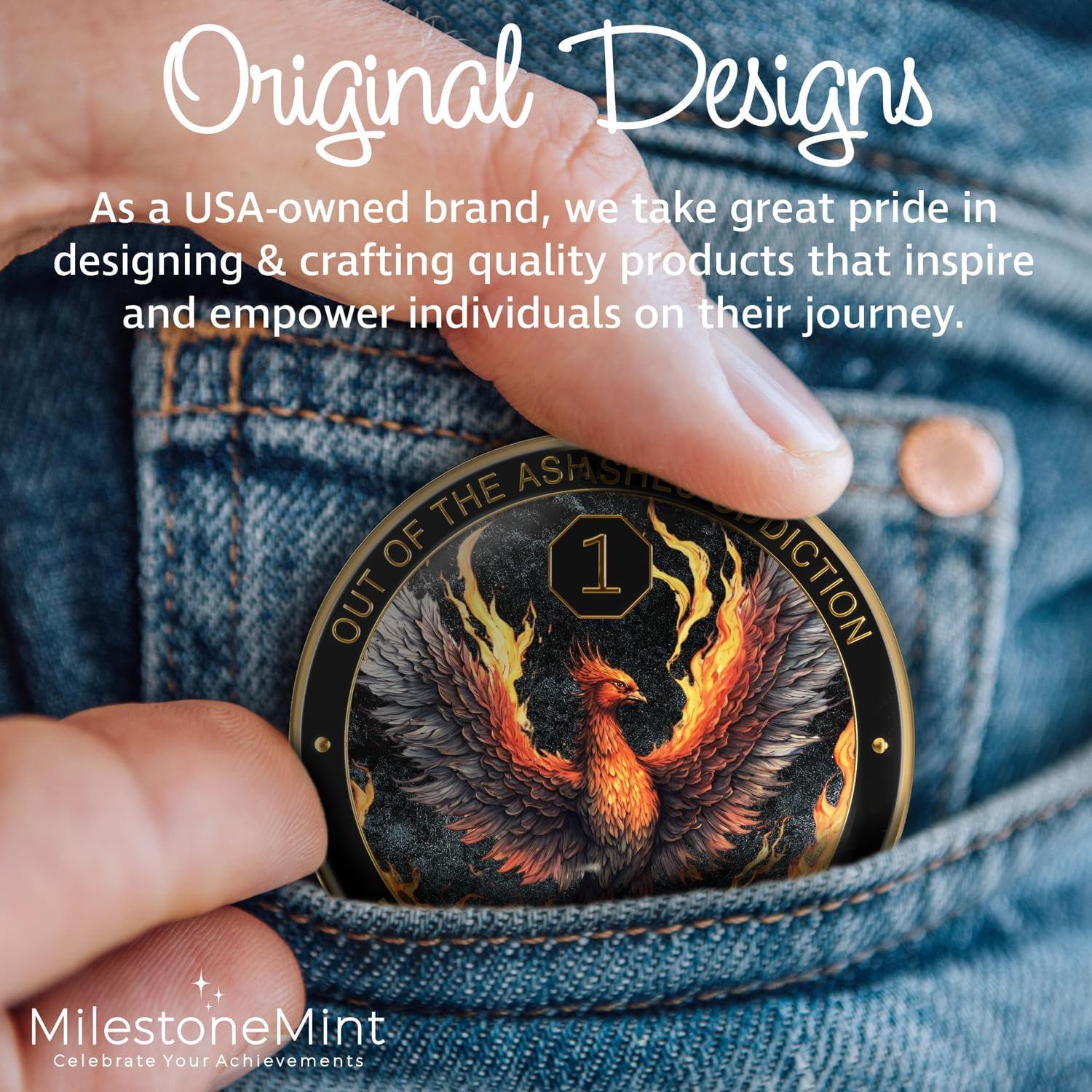 Milestonemint Phoenix Sobriety Coin | AA Chip Medallion Gift Set with Coin Capsule, Display Stand & Card for Sober Men & Women in Recovery | Sobriety Gifts for Anniversary Month & Year (1 Year) image number 2